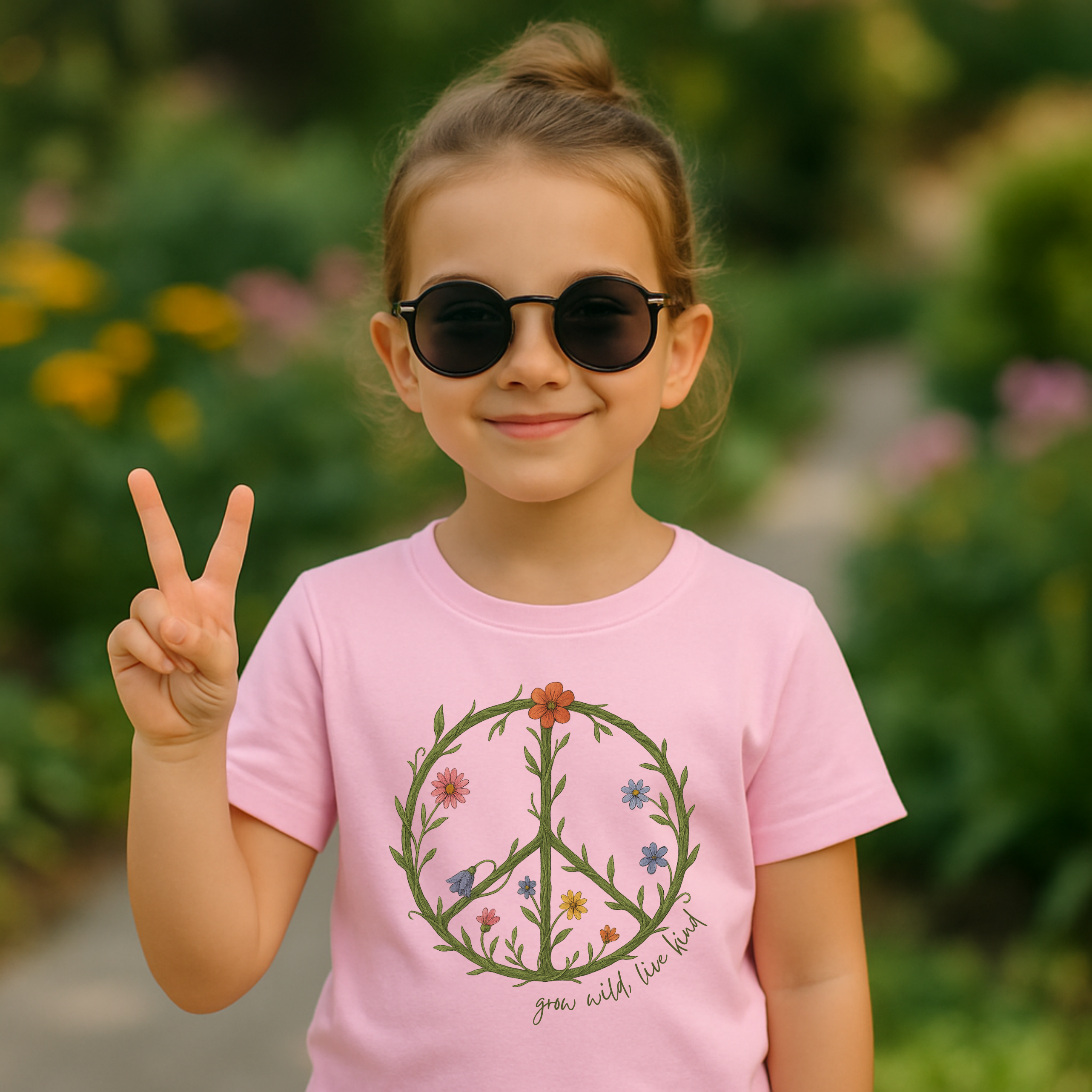 Grow Wild Live Kind Peace Sign T-Shirt – Floral Nature-Inspired Kids Tee