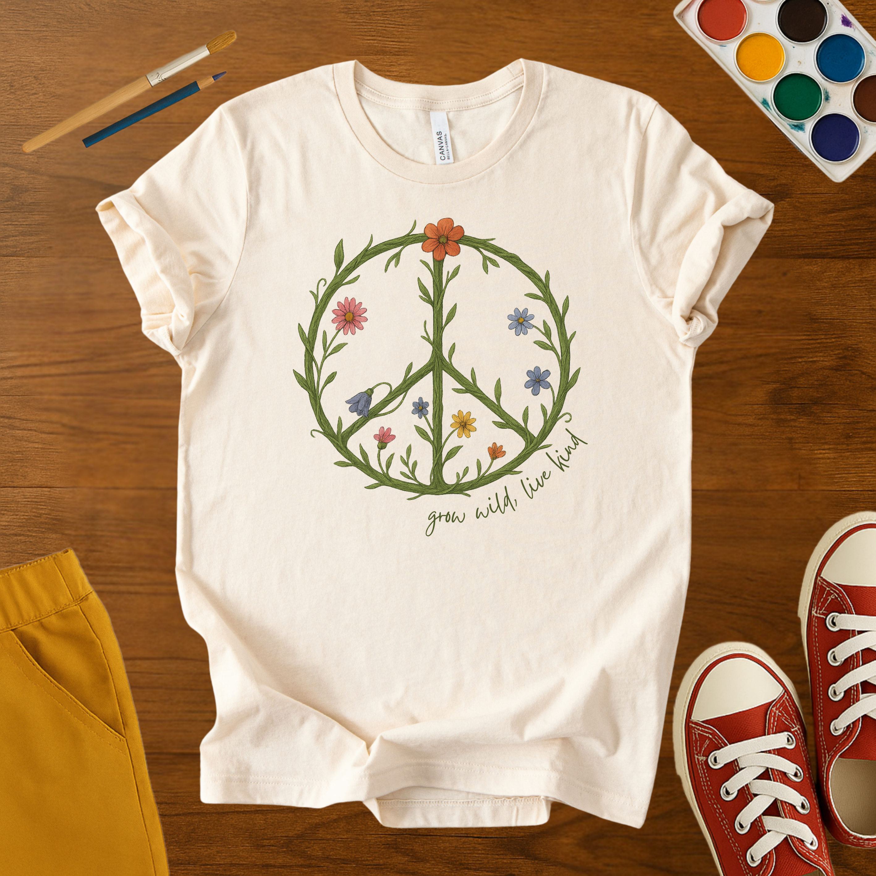 Grow Wild Live Kind Peace Sign T-Shirt – Floral Nature-Inspired Kids Tee