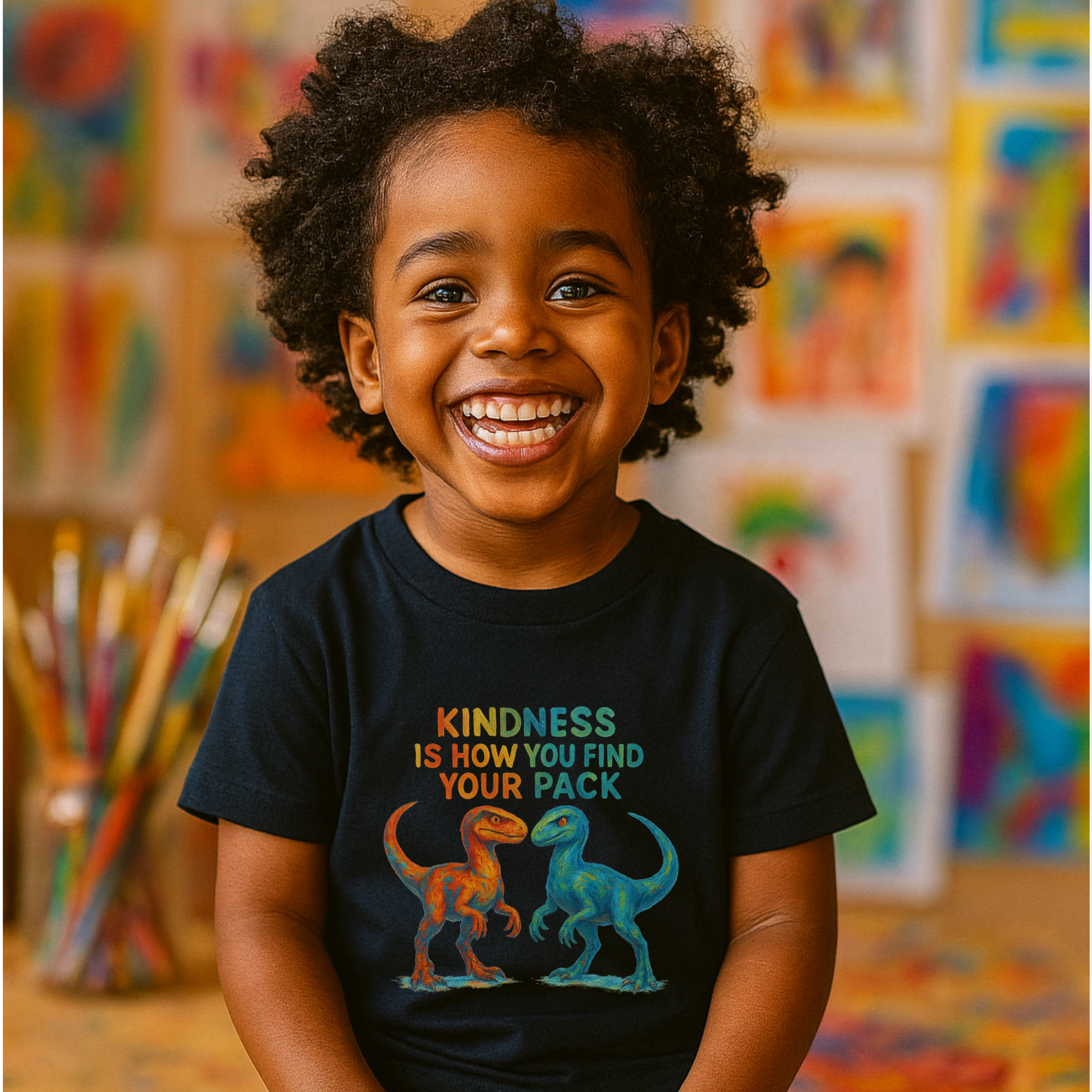 Kindness Dinosaur T-Shirt for Kids – “Find Your Pack” Rainbow Raptor Graphic Tee