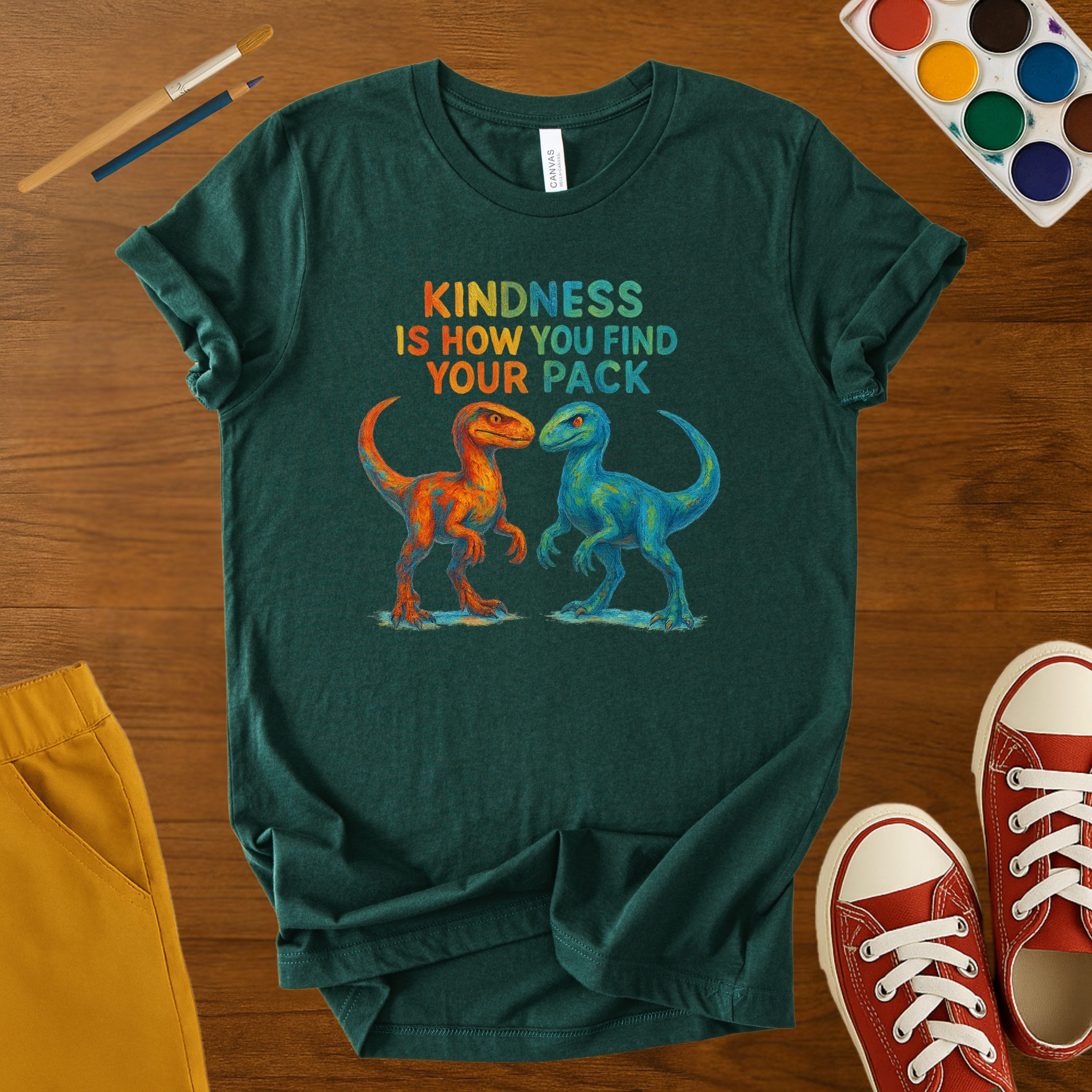 Kindness Dinosaur T-Shirt for Kids – “Find Your Pack” Rainbow Raptor Graphic Tee