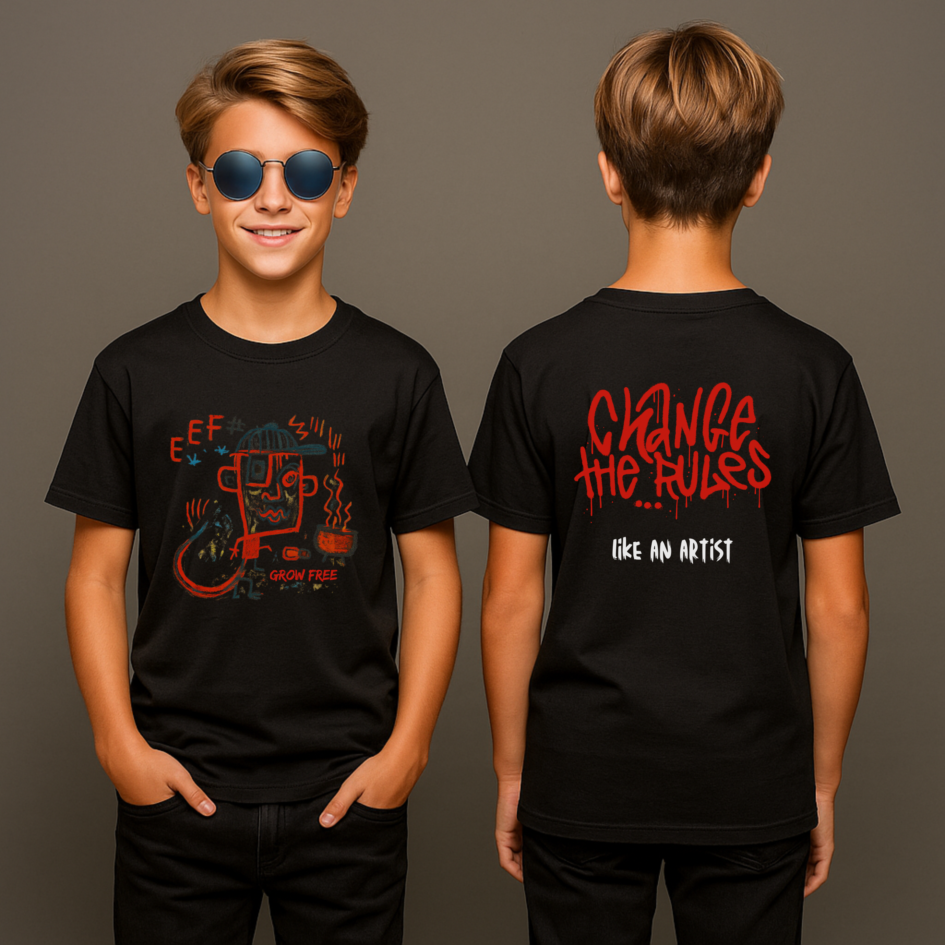 Change the Rules Like an Artist” Graffiti Tee – Front & Back Neo-expressionism Inspired Youth Shirt for Creative Kids