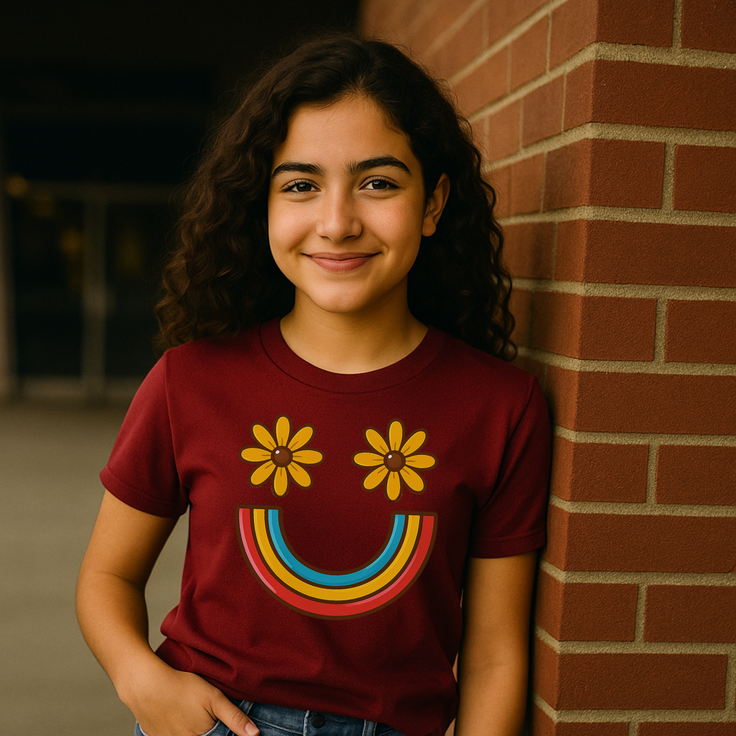 Y2K Silly Face Retro T-Shirt – Rainbow Smile & Flower Eyes Graphic Tee