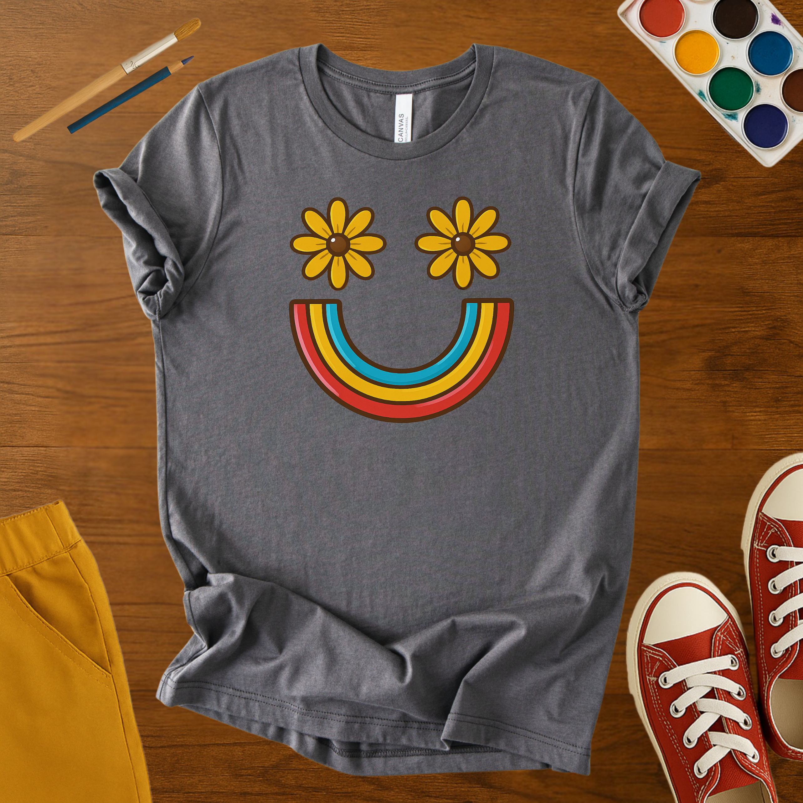 Y2K Silly Face Retro T-Shirt – Rainbow Smile & Flower Eyes Graphic Tee