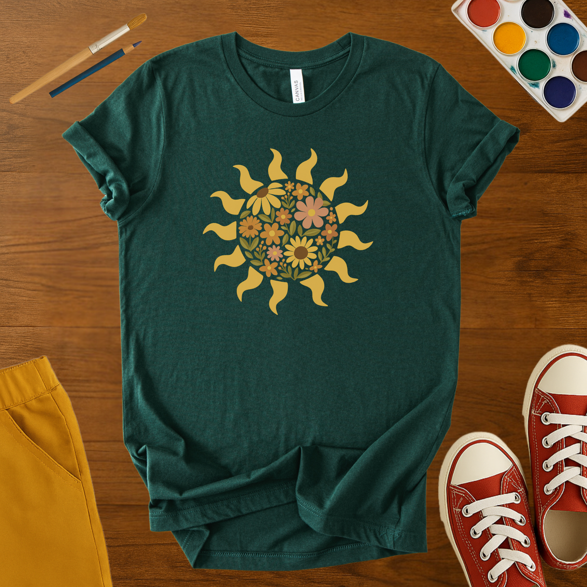 Bloom & Shine Floral Sun T-Shirt – Retro Autumn Wildflower Graphic Tee