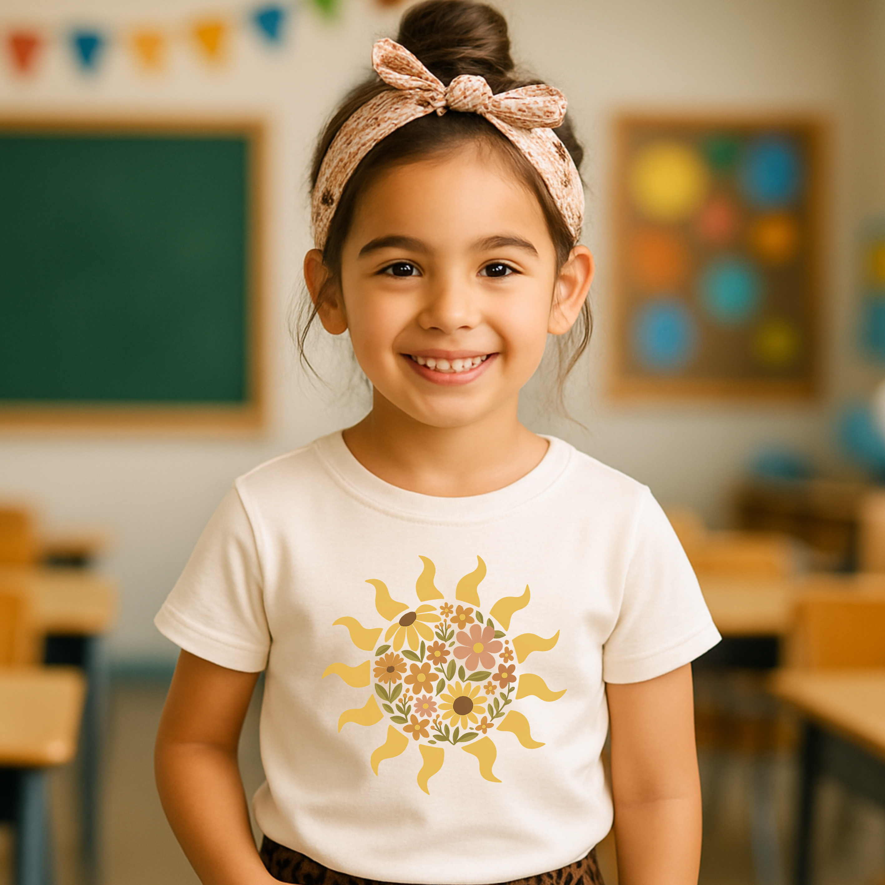 Bloom & Shine Floral Sun T-Shirt – Retro Autumn Wildflower Graphic Tee