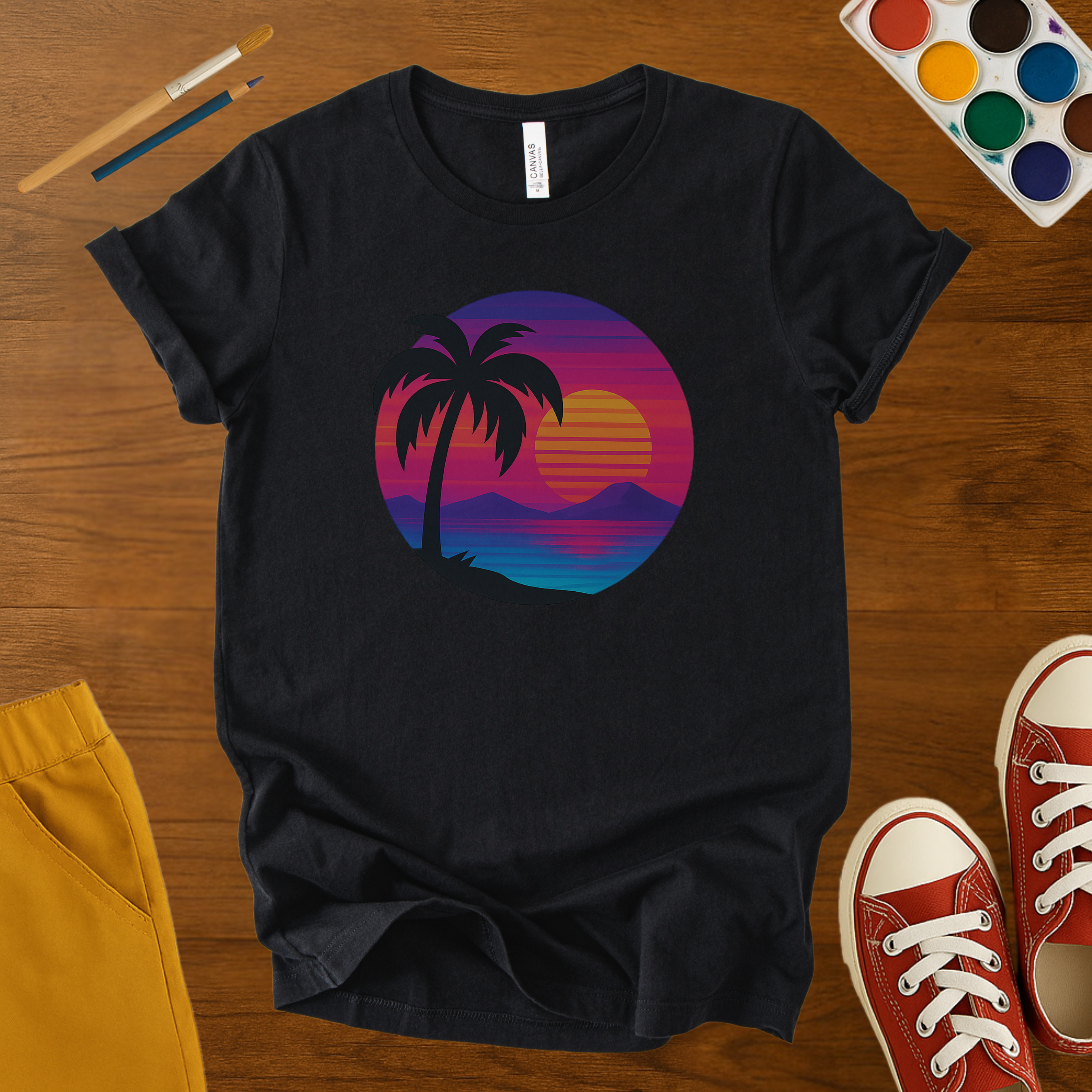 Vaporwave Sunset Palm Tree T-Shirt – Youth Retro 80s Beach Graphic Tee