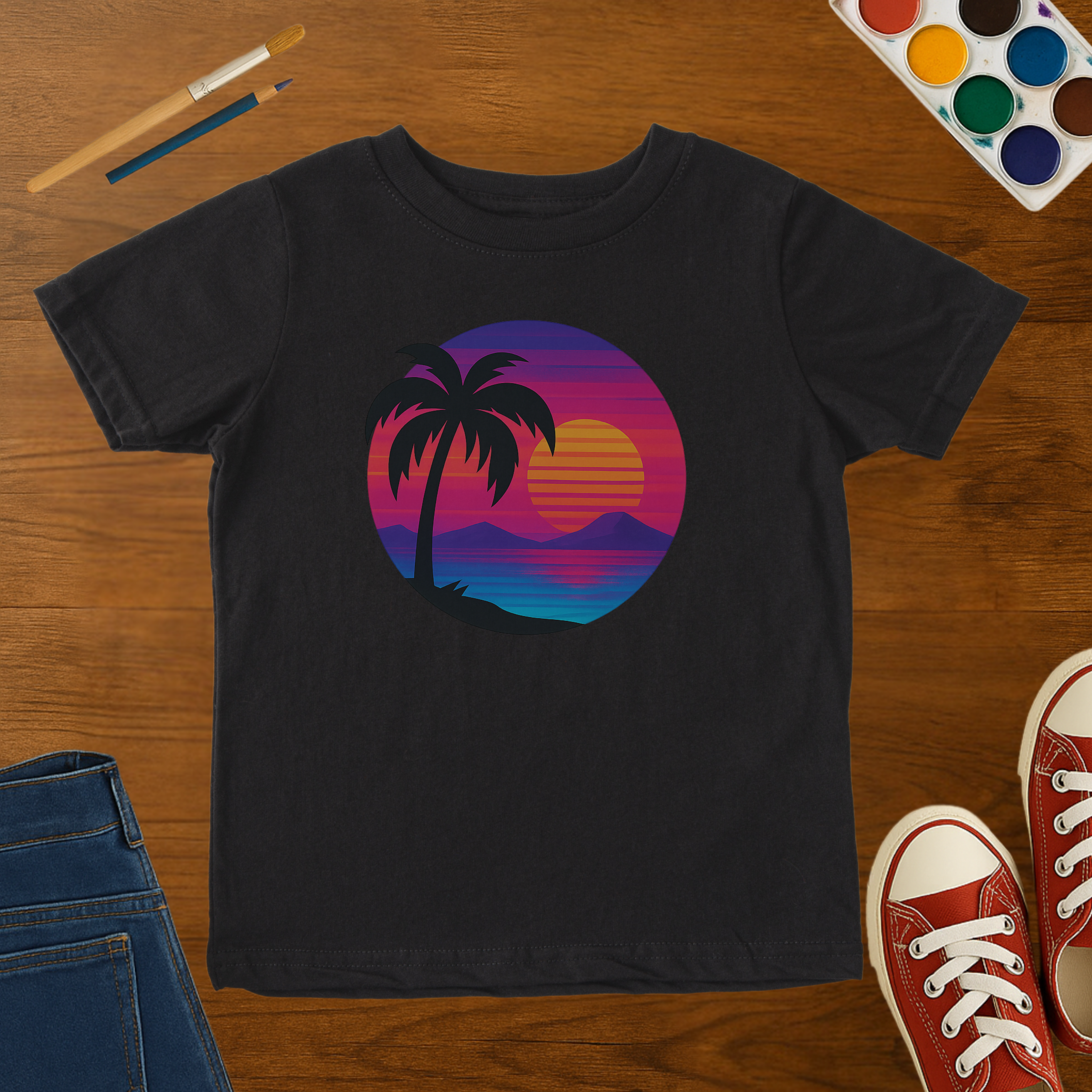 Vaporwave Sunset Palm Tree T-Shirt – Retro 80s Beach Toddler Short Sleeve Graphic Tee