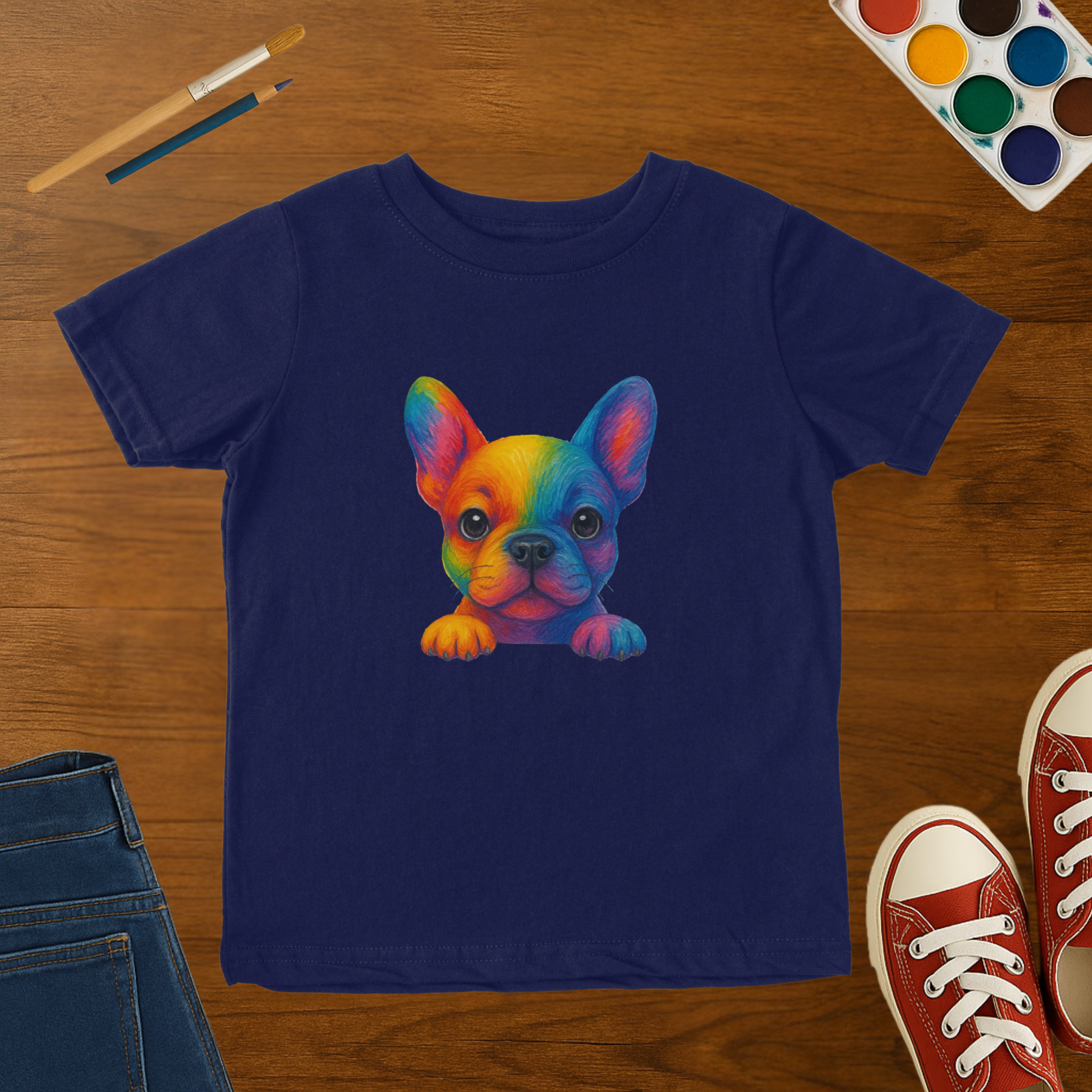 Rainbow Peek French Bulldog Toddler T-Shirt | Colorful Puppy Dog Fine Jersey Toddler Graphic Tee