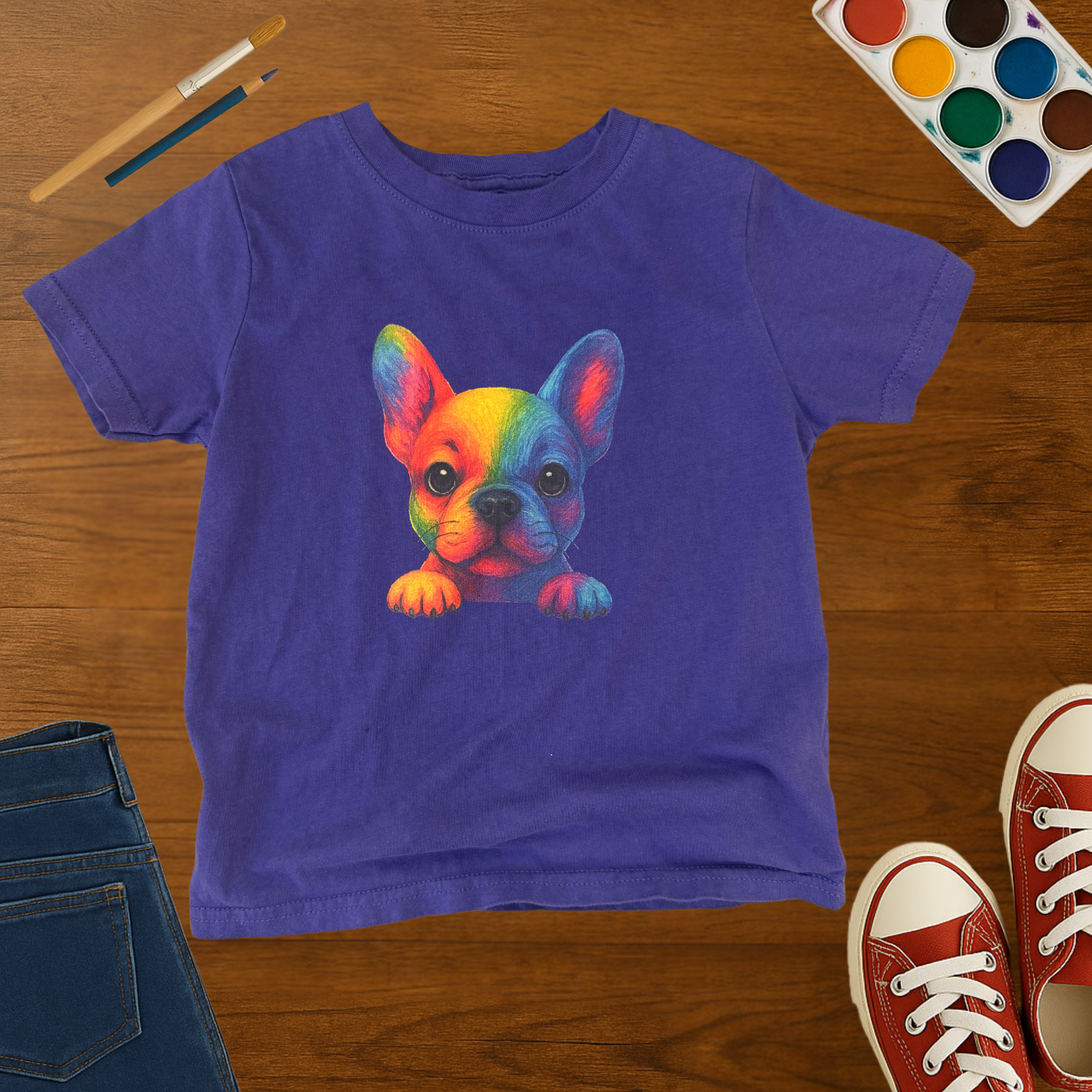 Rainbow Peek French Bulldog Toddler T-Shirt | Colorful Puppy Dog Fine Jersey Toddler Graphic Tee