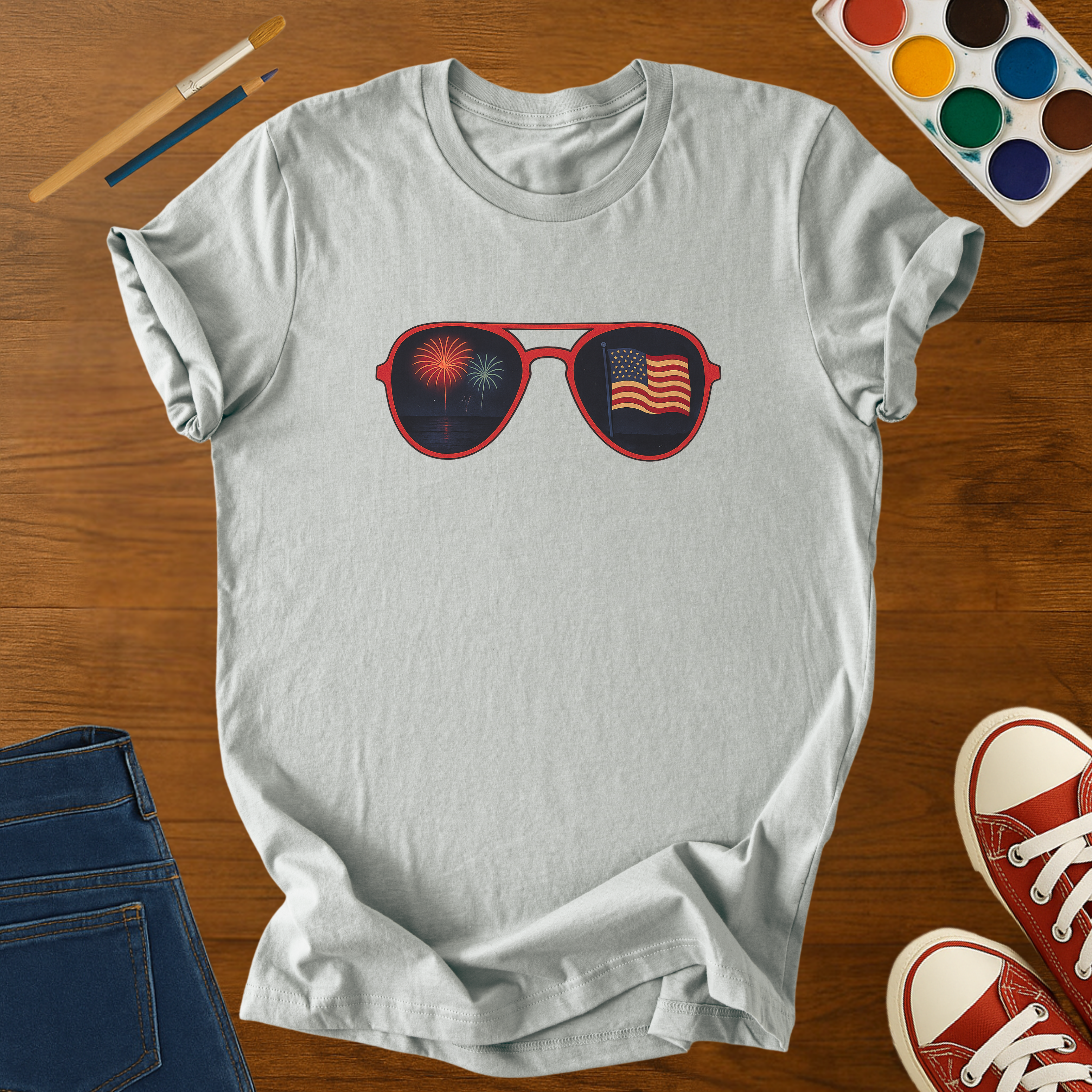 Retro Patriotic Sunglasses Adult T-Shirt | Fireworks & American Flag | Unisex Adult Softstyle Graphic Tee