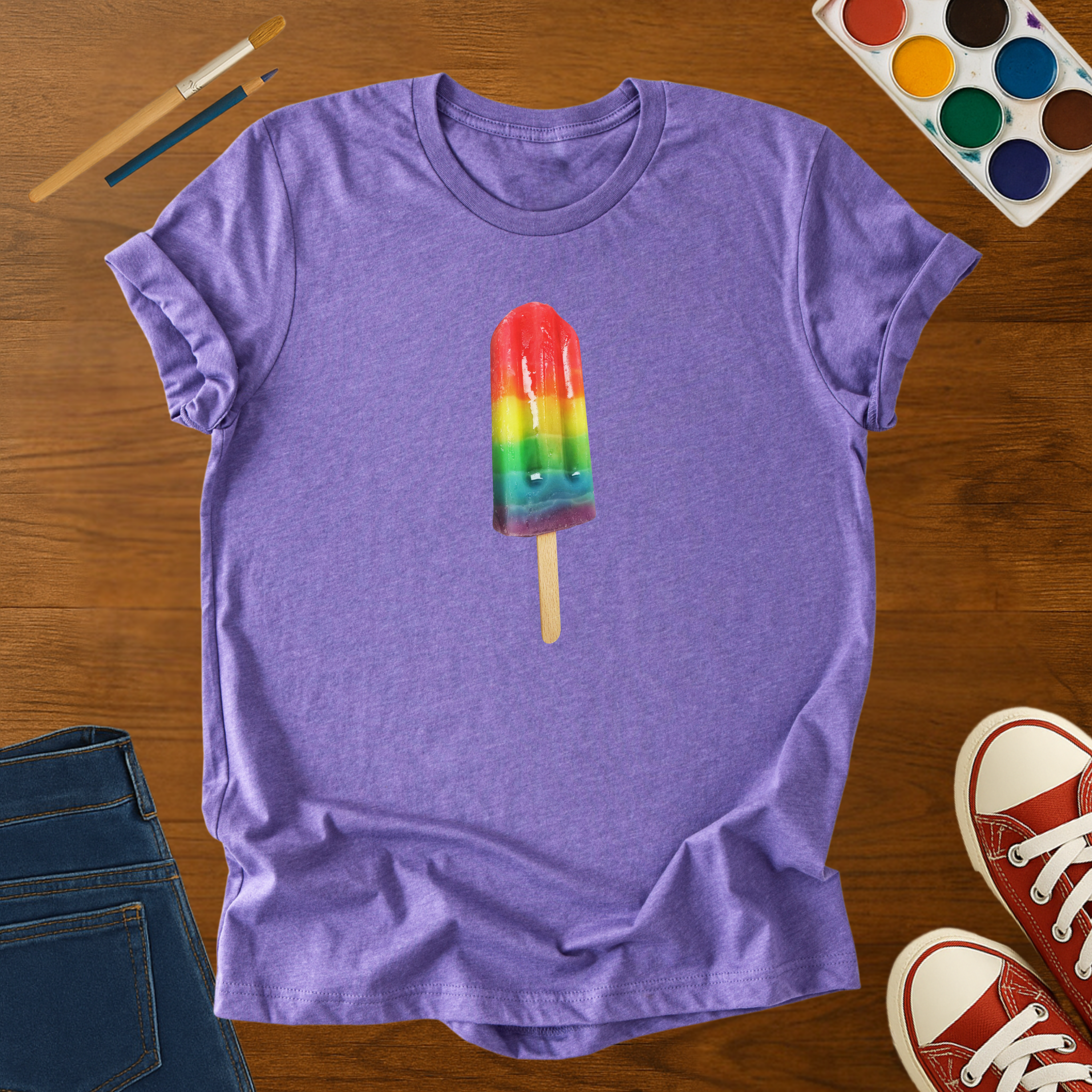 Rainbow Popsicle Adult T-Shirt | Colorful Summer Ice Pop Adult Softstyle Graphic Tee