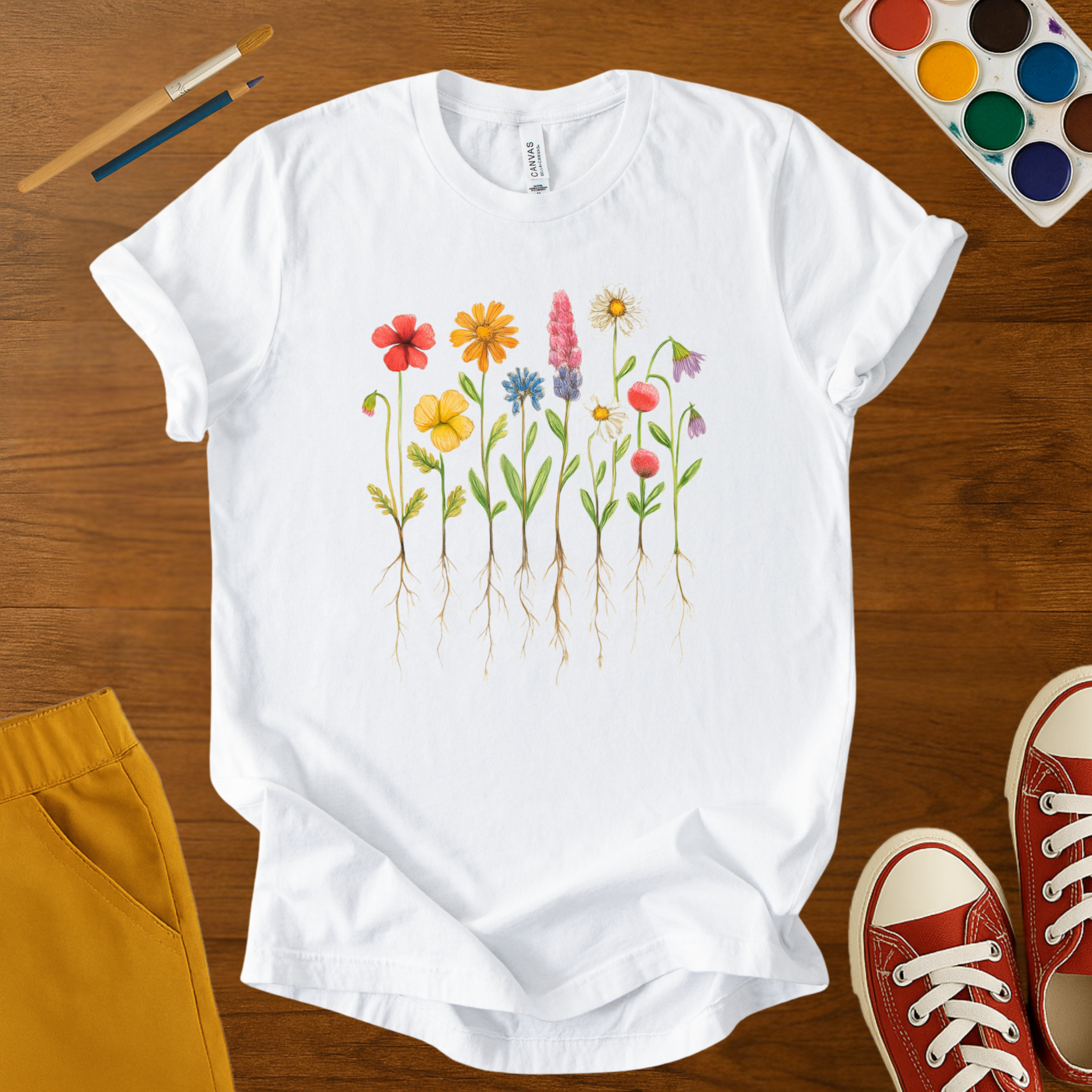Wildflower Roots Kids Botanical Graphic T-Shirt | Nature Inspired Floral Design Youth Tee
