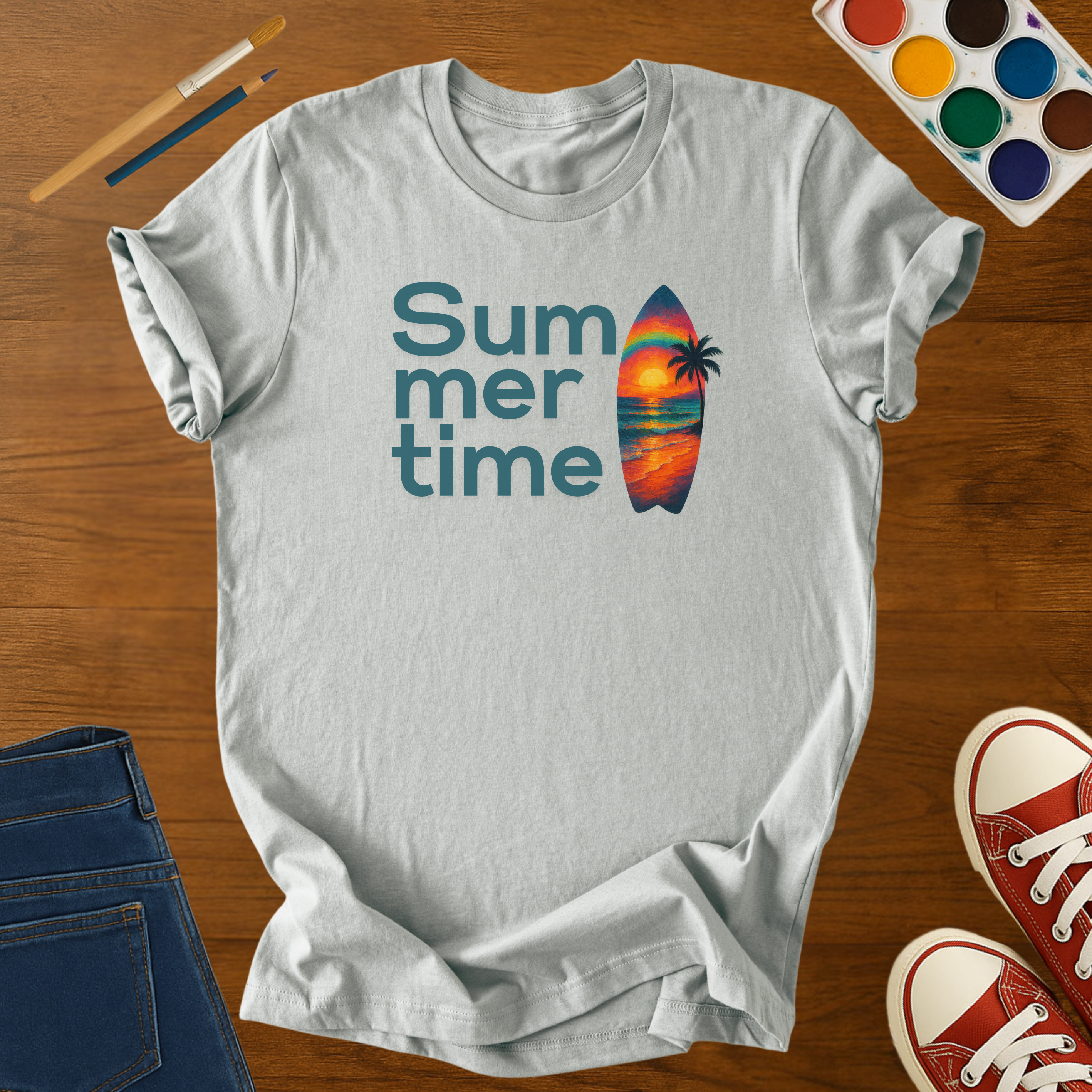 Summertime Surfboard Sunset Adult T-Shirt – Retro Summer Beach Adult Softstyle Graphic Tee