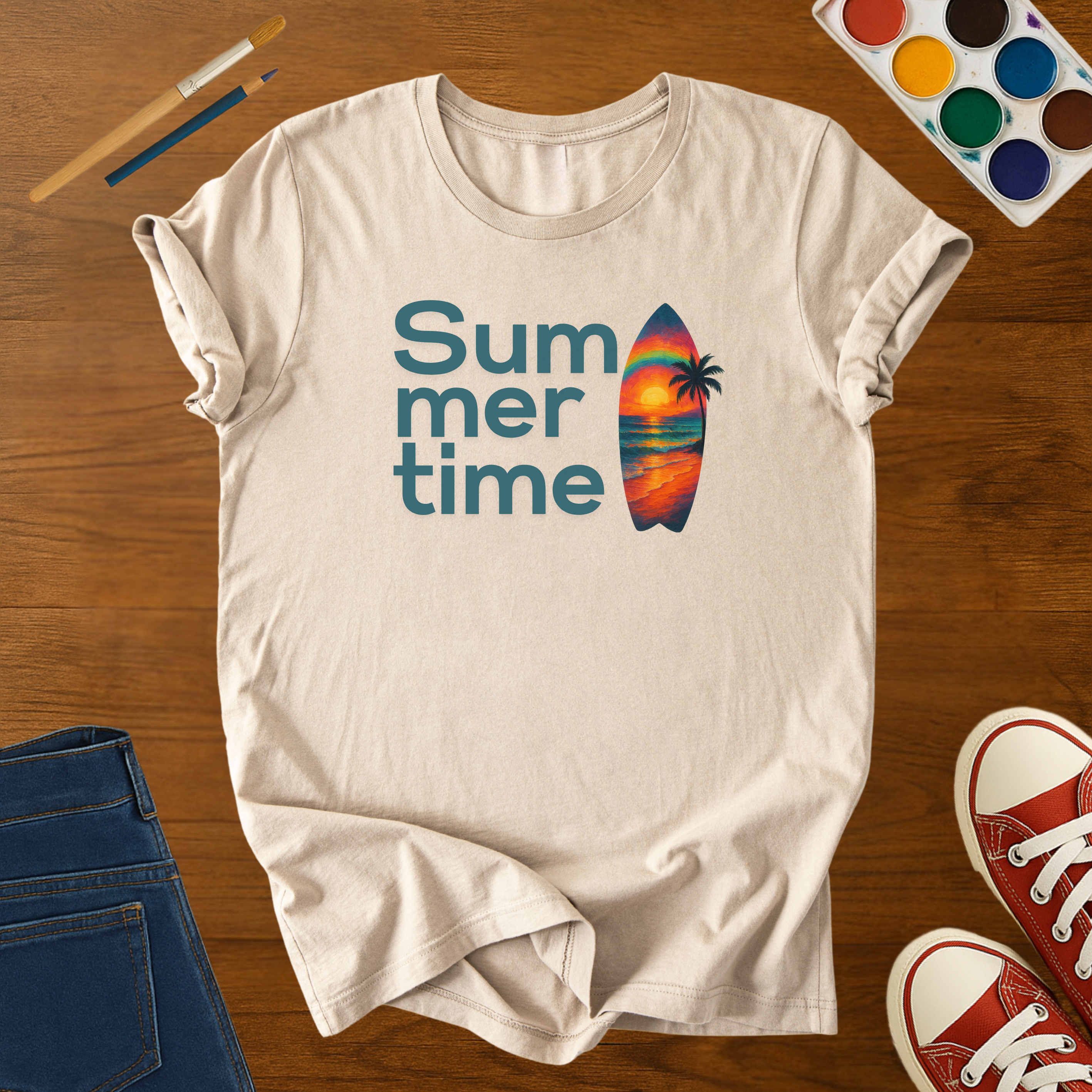 Summertime Surfboard Sunset Adult T-Shirt – Retro Summer Beach Adult Softstyle Graphic Tee