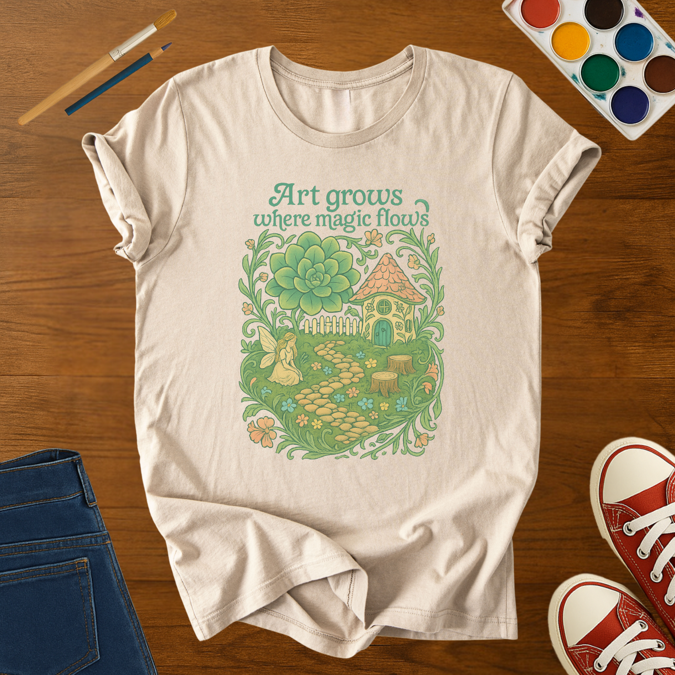 Art Grows Where Magic Flows Cottagecore Adult T-Shirt – Whimsical Nature & Creativity Adult Softstyle Tee