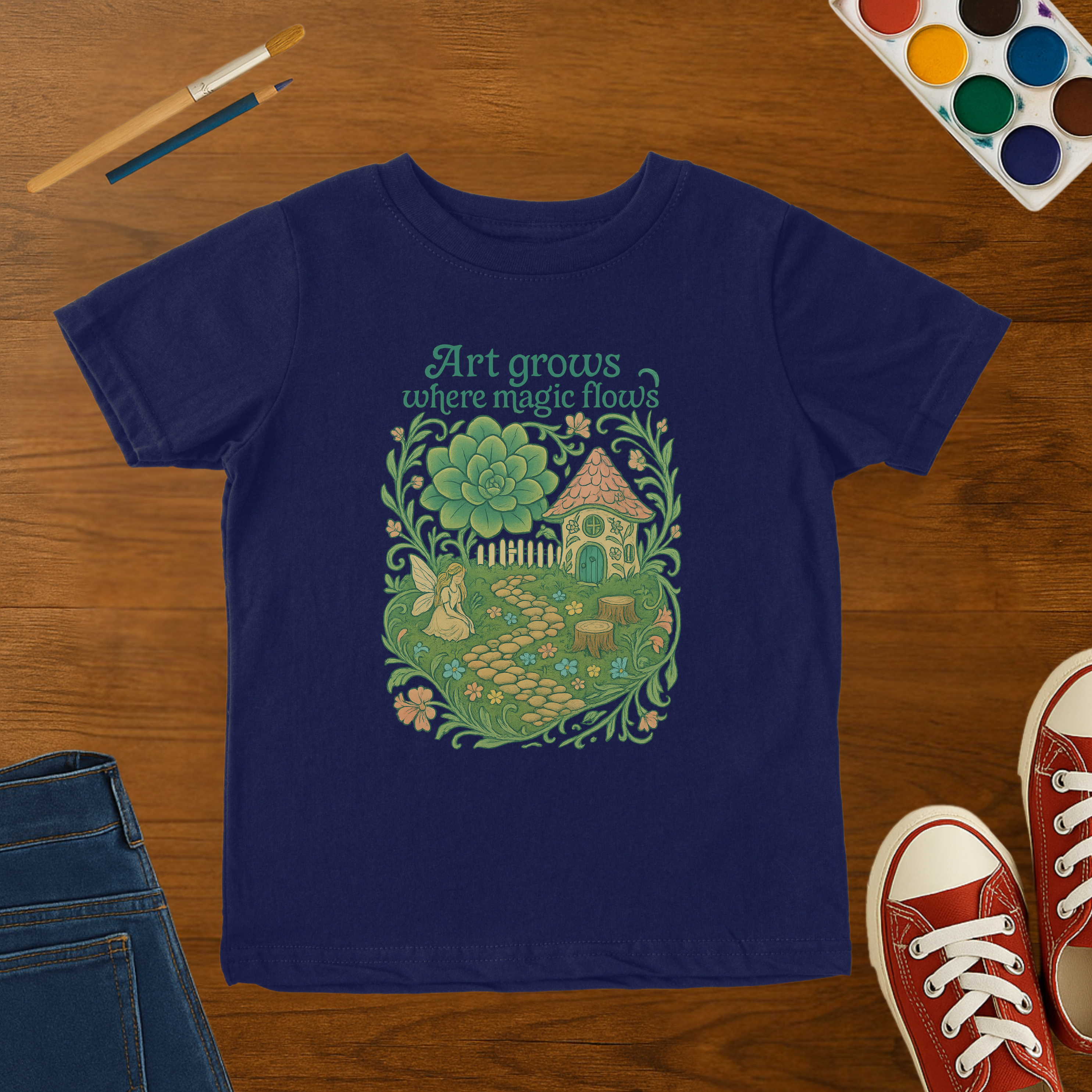 Art Grows Where Magic Flows Cottagecore Toddler T-shirt – Whimsical Nature & Creativity Toddler Tee