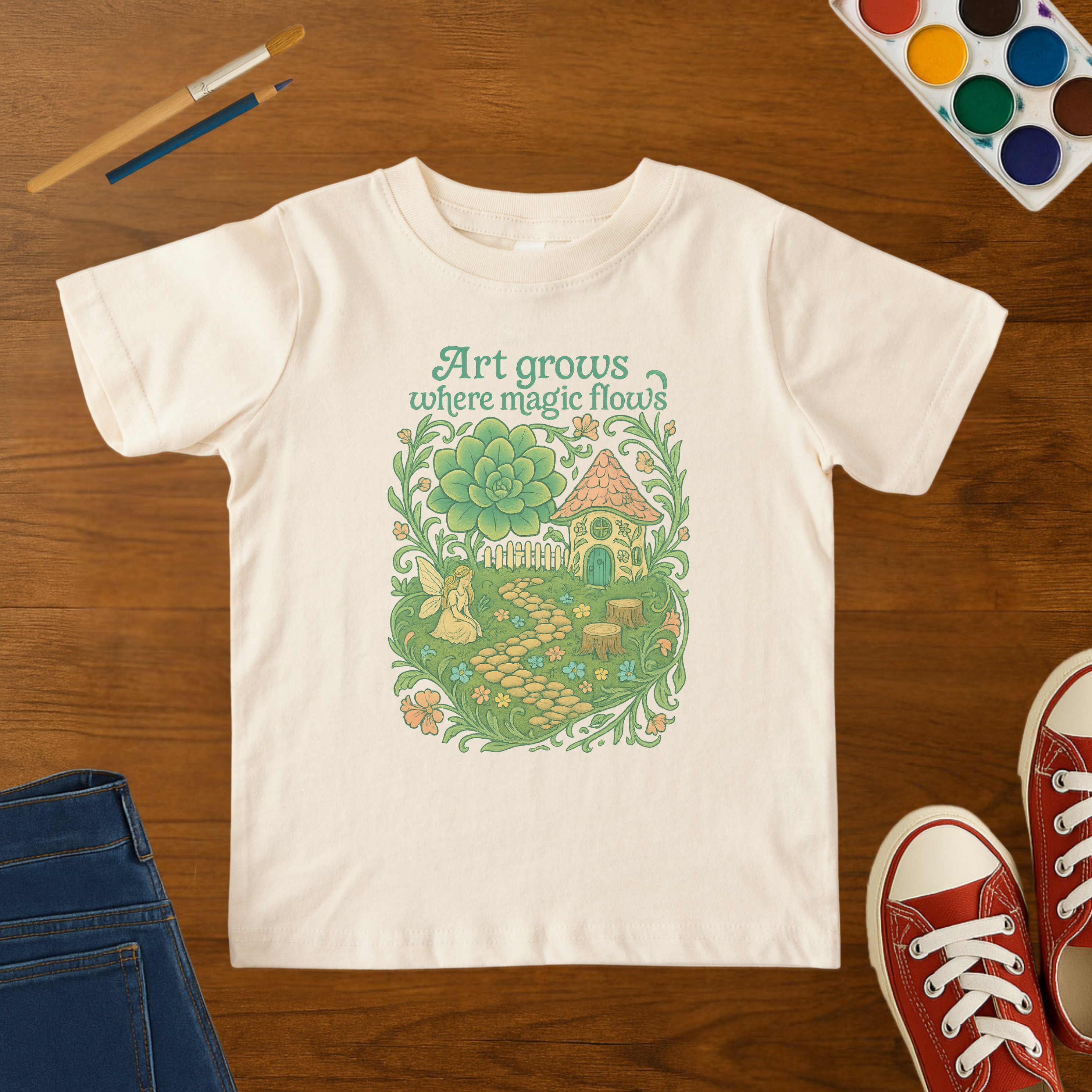 Art Grows Where Magic Flows Cottagecore Toddler T-shirt – Whimsical Nature & Creativity Toddler Tee