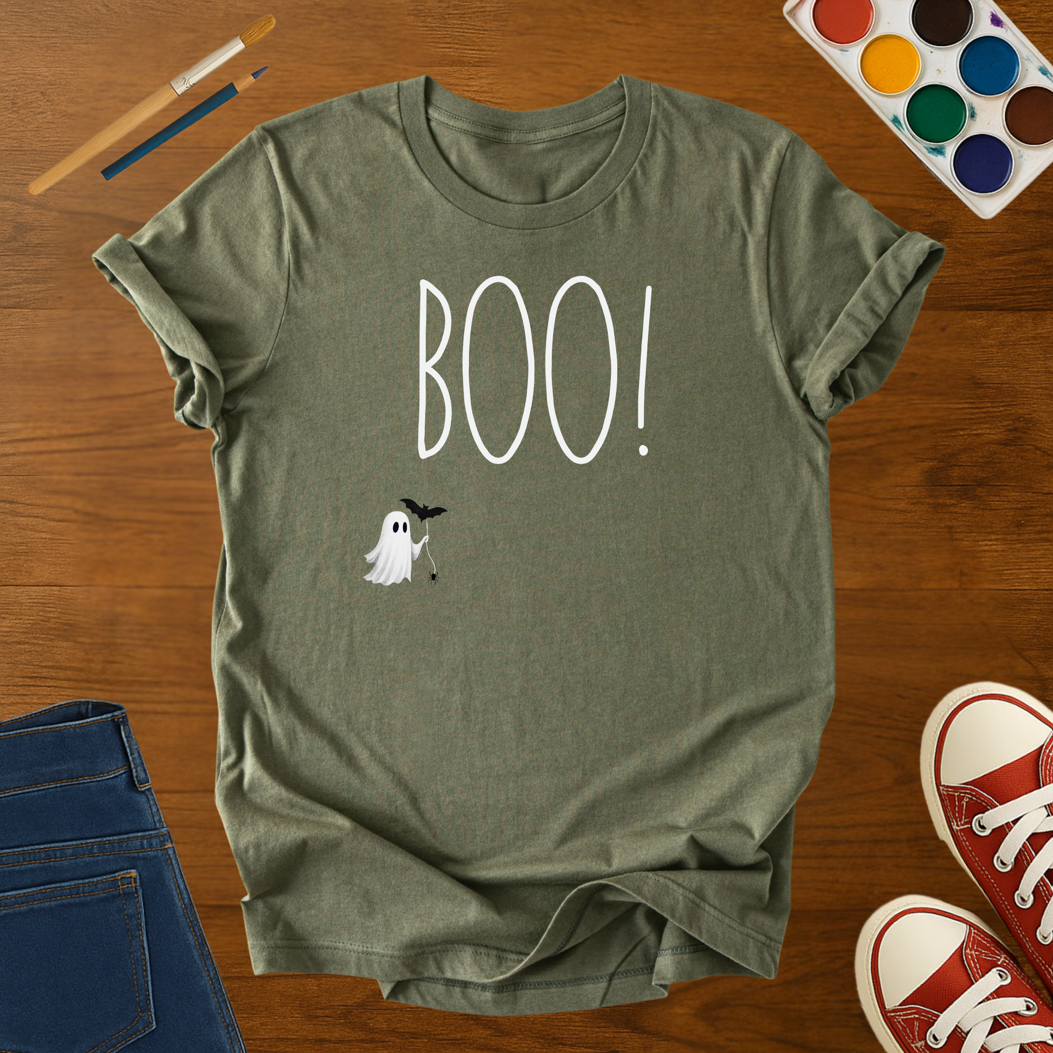 BOO! Ghost Halloween Adult T-Shirt – Cute Spooky Season Graphic Tee