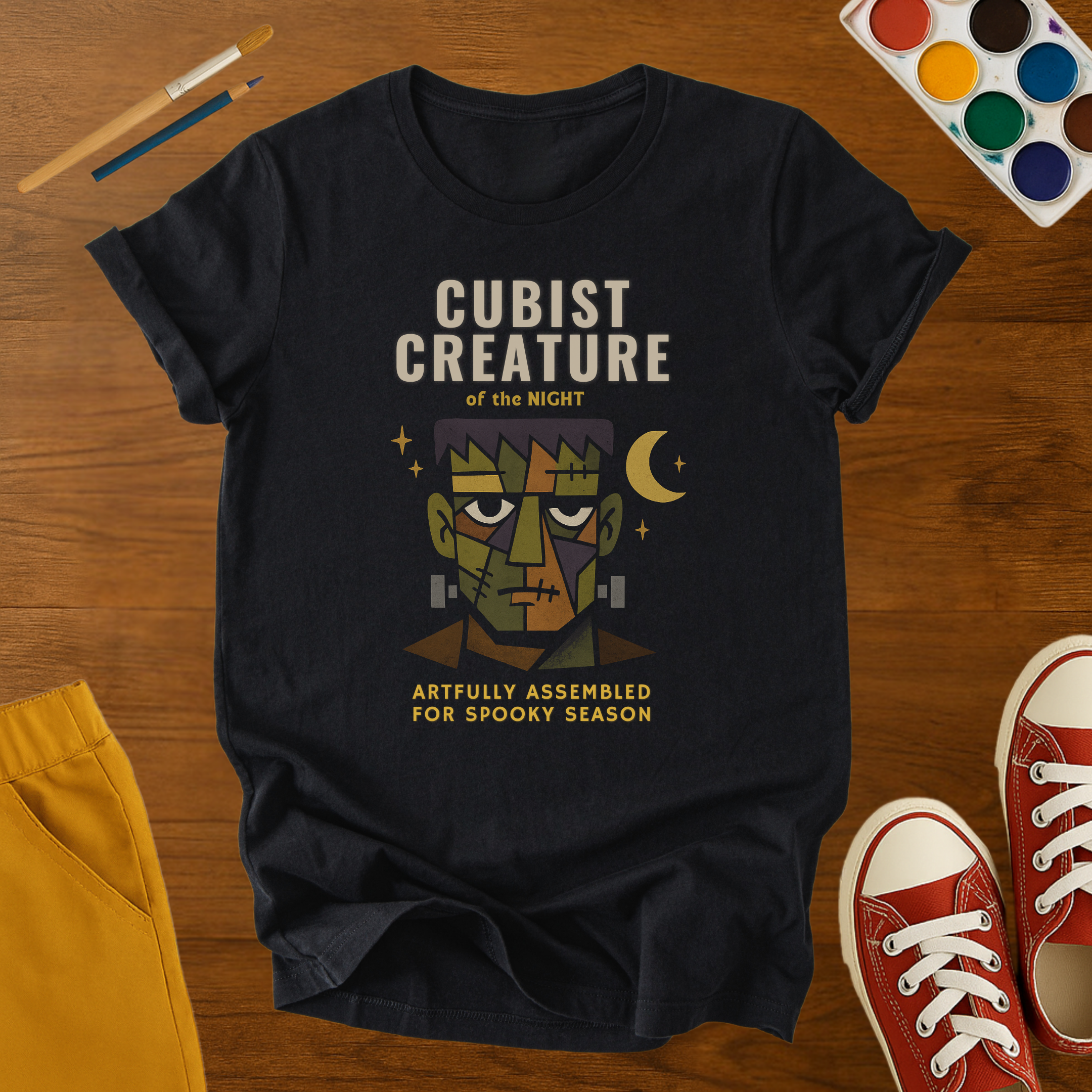 Cubist Creature of the Night Halloween Youth T-Shirt – Frankenstein Inspired Spooky Season Kids Graphic Tee
