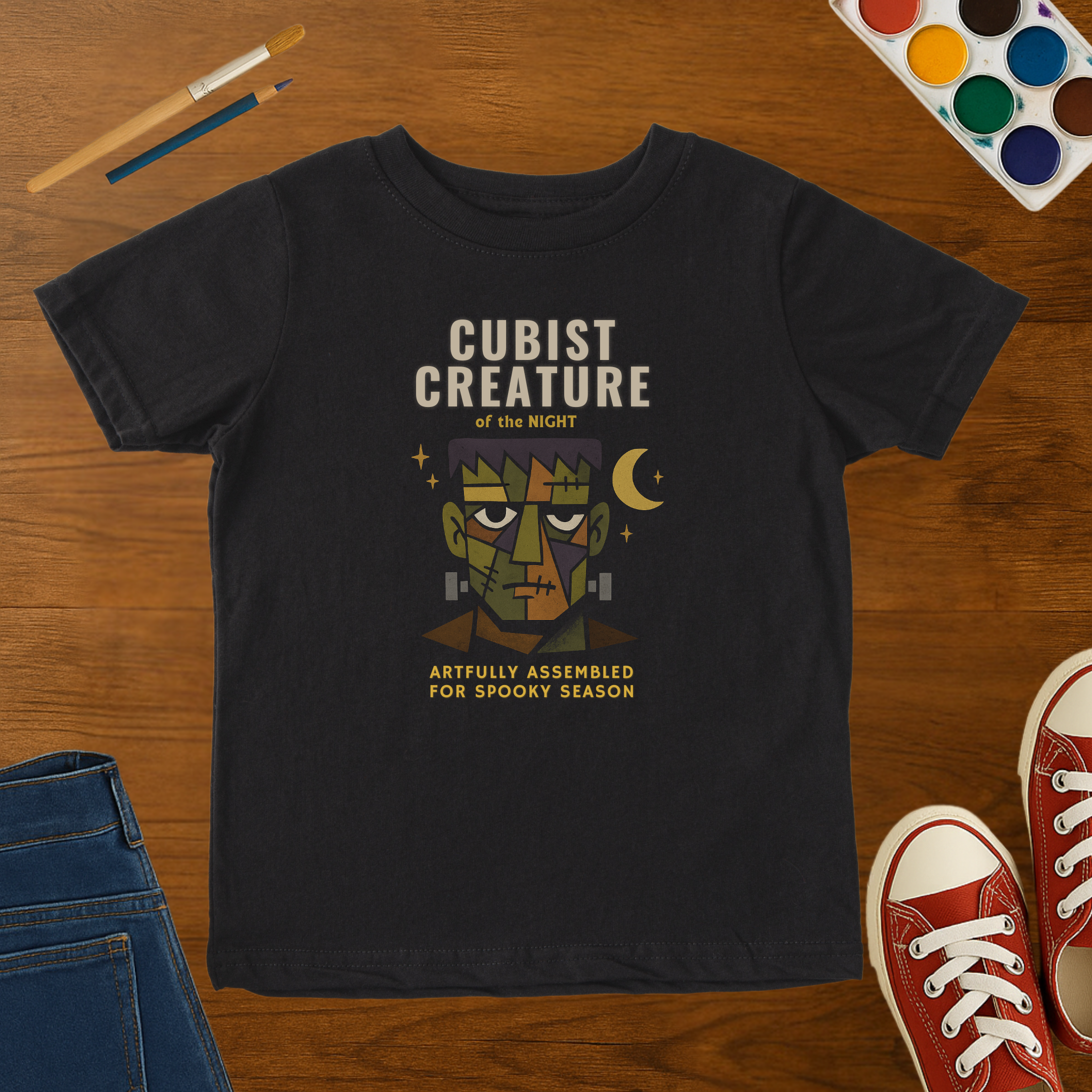 Cubist Creature of the Night Halloween Toddler T-Shirt – Frankenstein Inspired Spooky Season toddler Graphic Tee