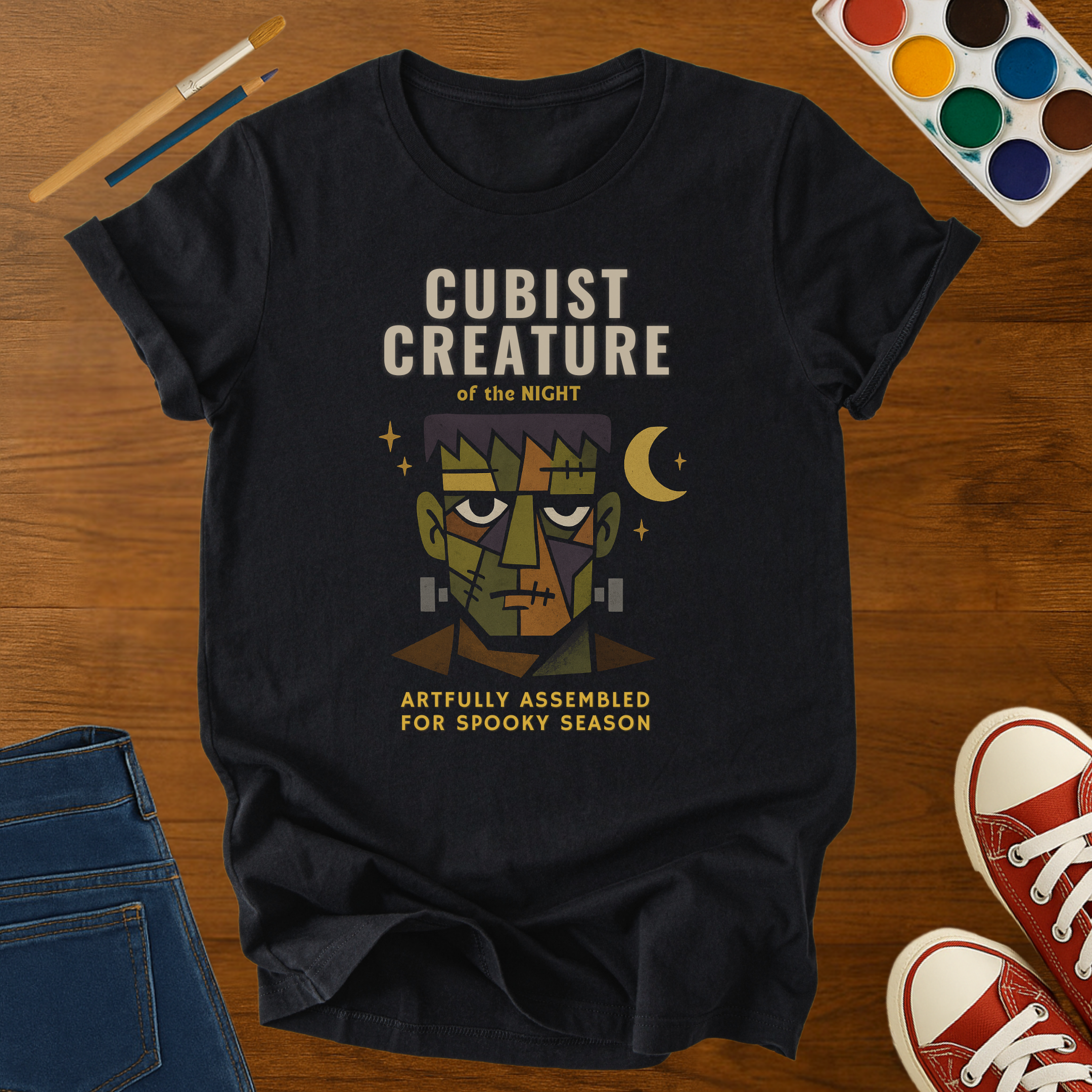 Cubist Creature of the Night Adult Halloween T-Shirt – Frankenstein Inspired Spooky Season Graphic Tee