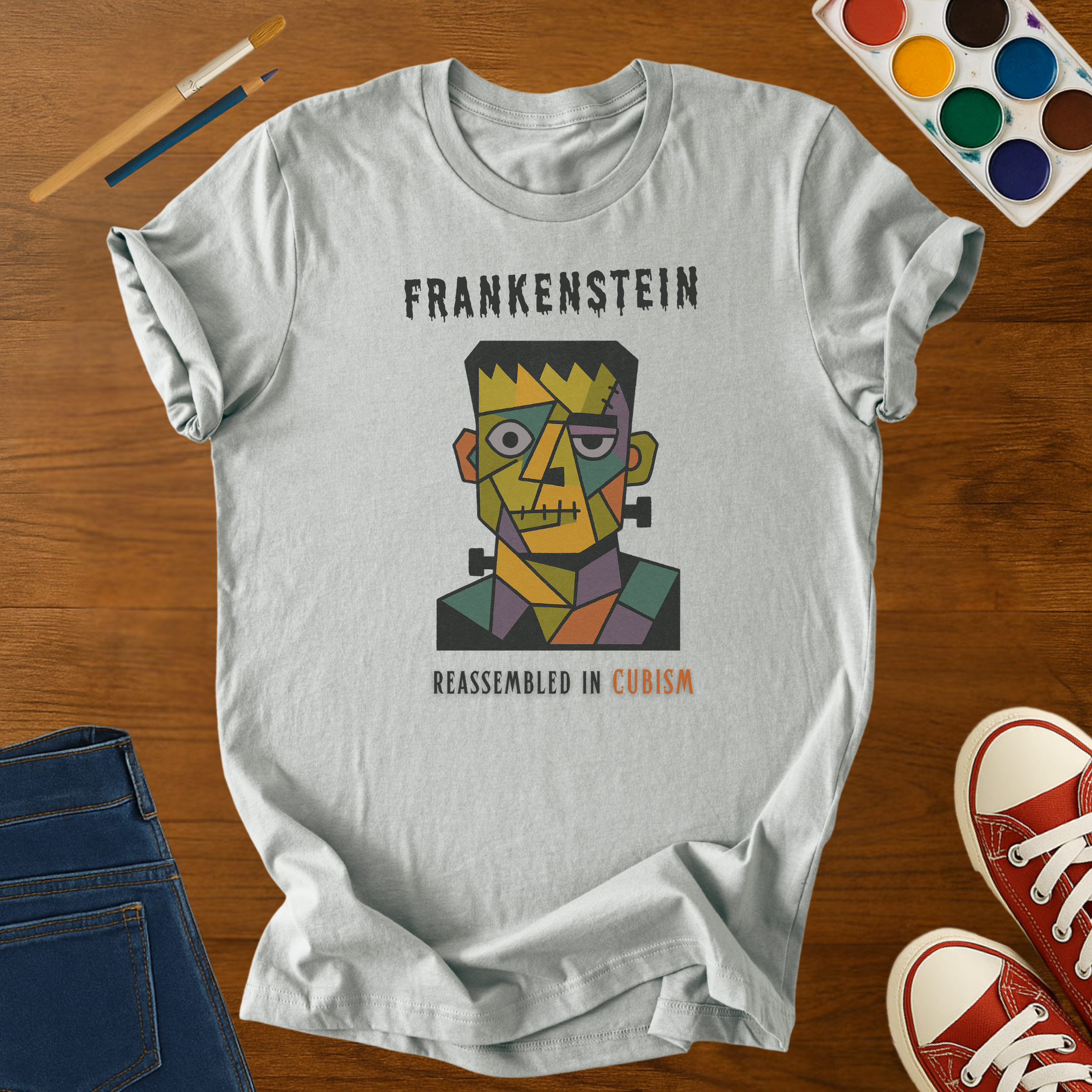 Frankenstein Reassembled in Cubism Adult Halloween T-Shirt – Retro Monster Graphic Tee for Spooky Season