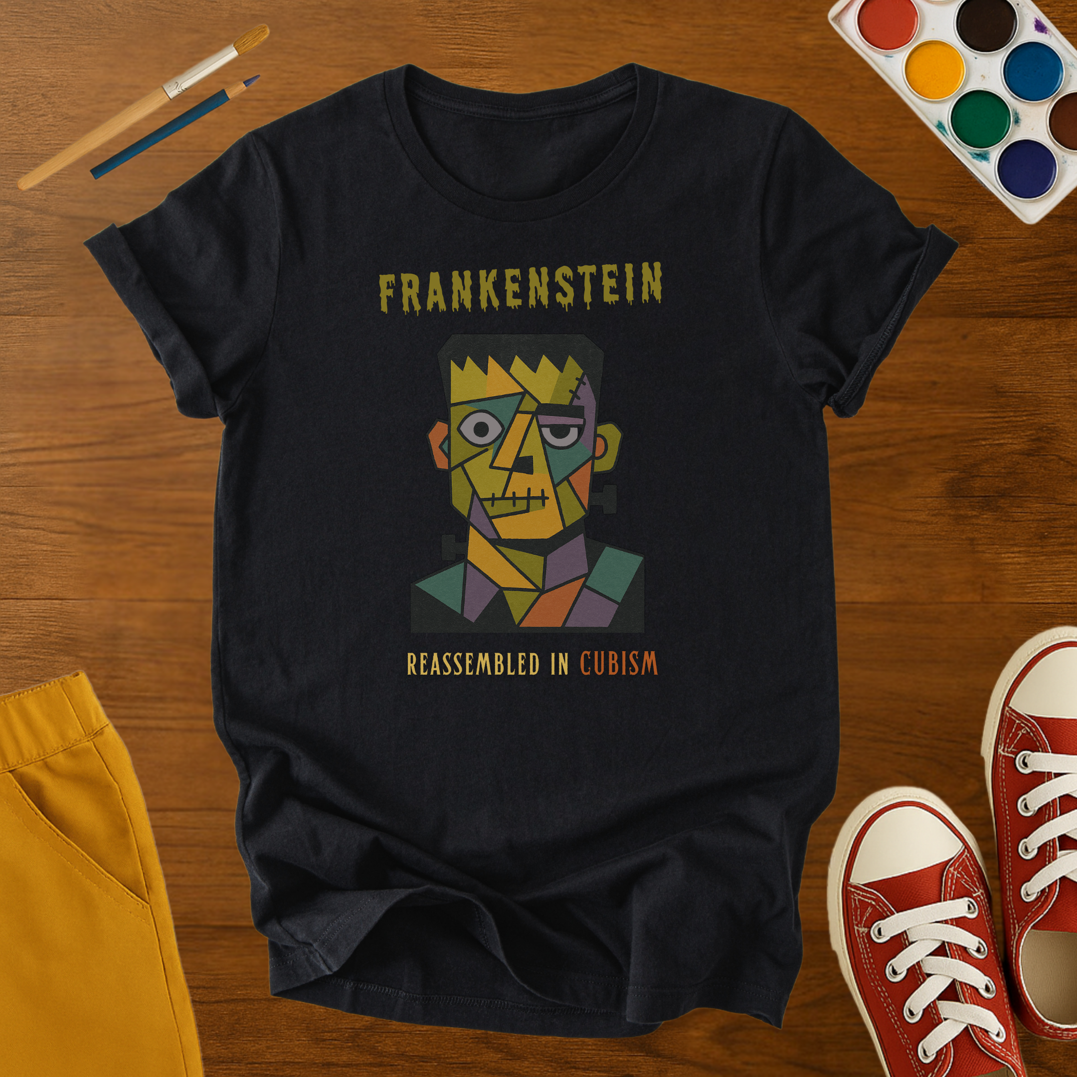 Frankenstein Reassembled in Cubism Adult Halloween T-Shirt – Retro Monster Graphic Tee for Spooky Season