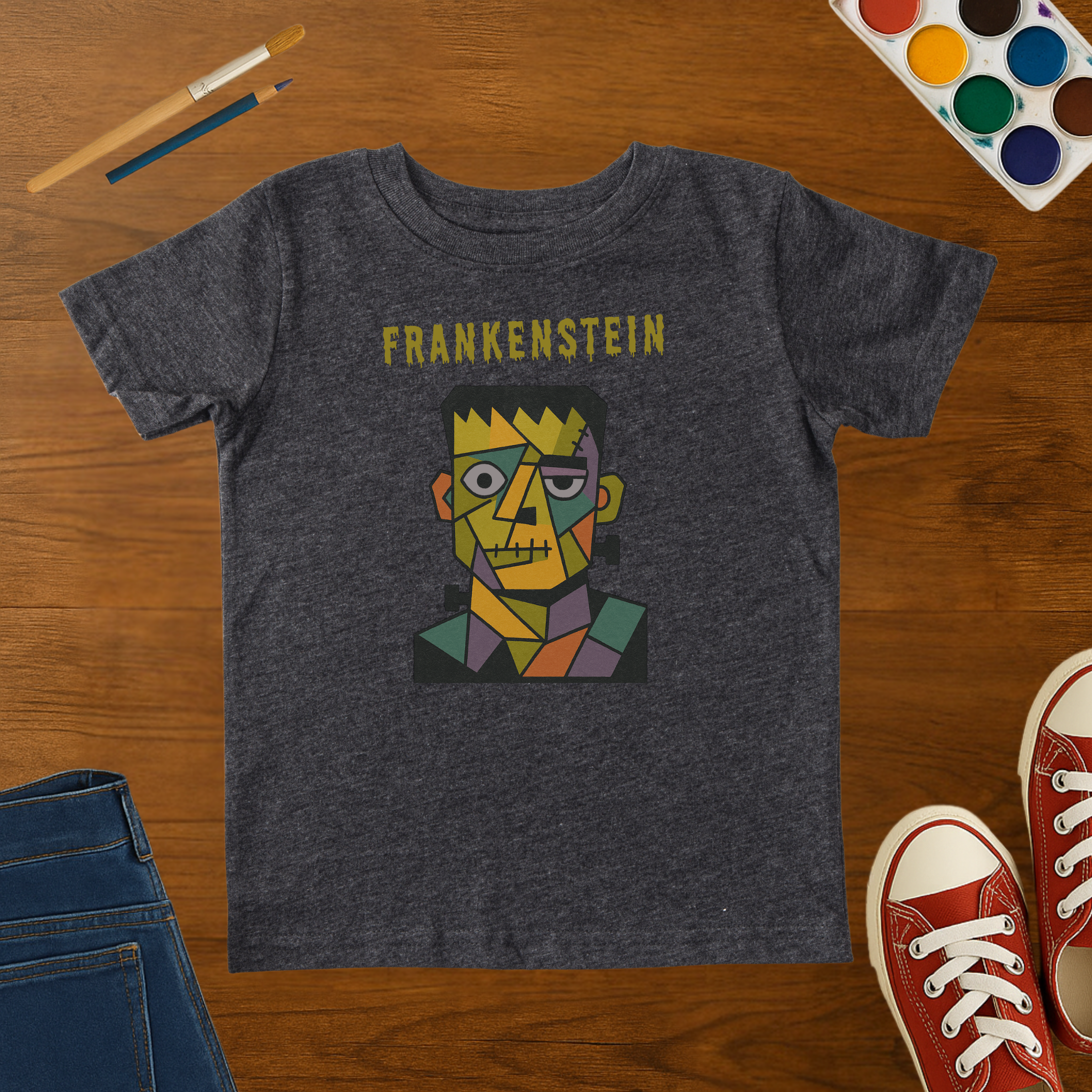 Frankenstein Reassembled in Cubism Halloween Toddler T-Shirt – Retro Monster Graphic Tee for Spooky Season