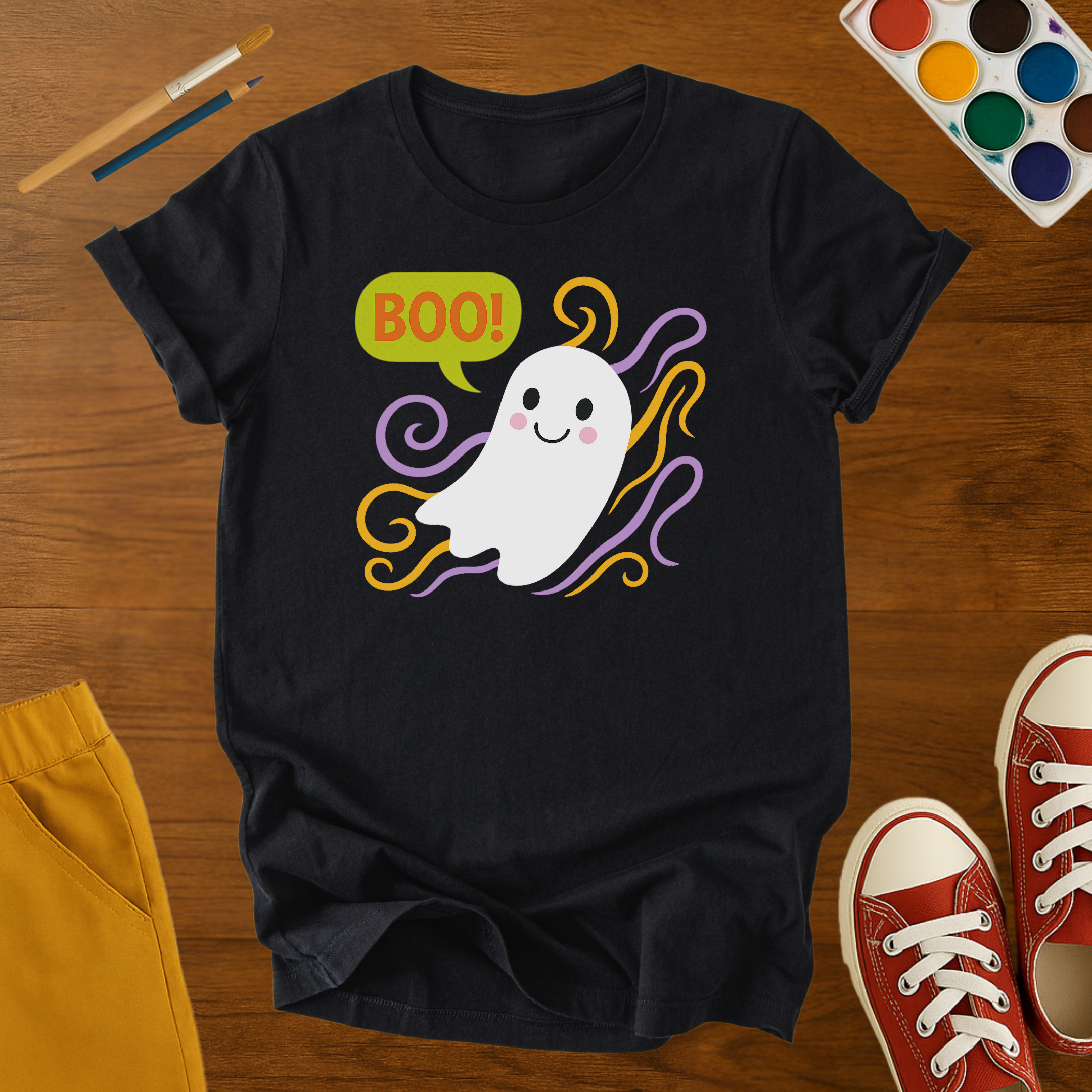 Kids Halloween Ghost Tee – Cute BOO! Cartoon Ghost Tee with Swirls – Youth Spooky Graphic T-Shirt
