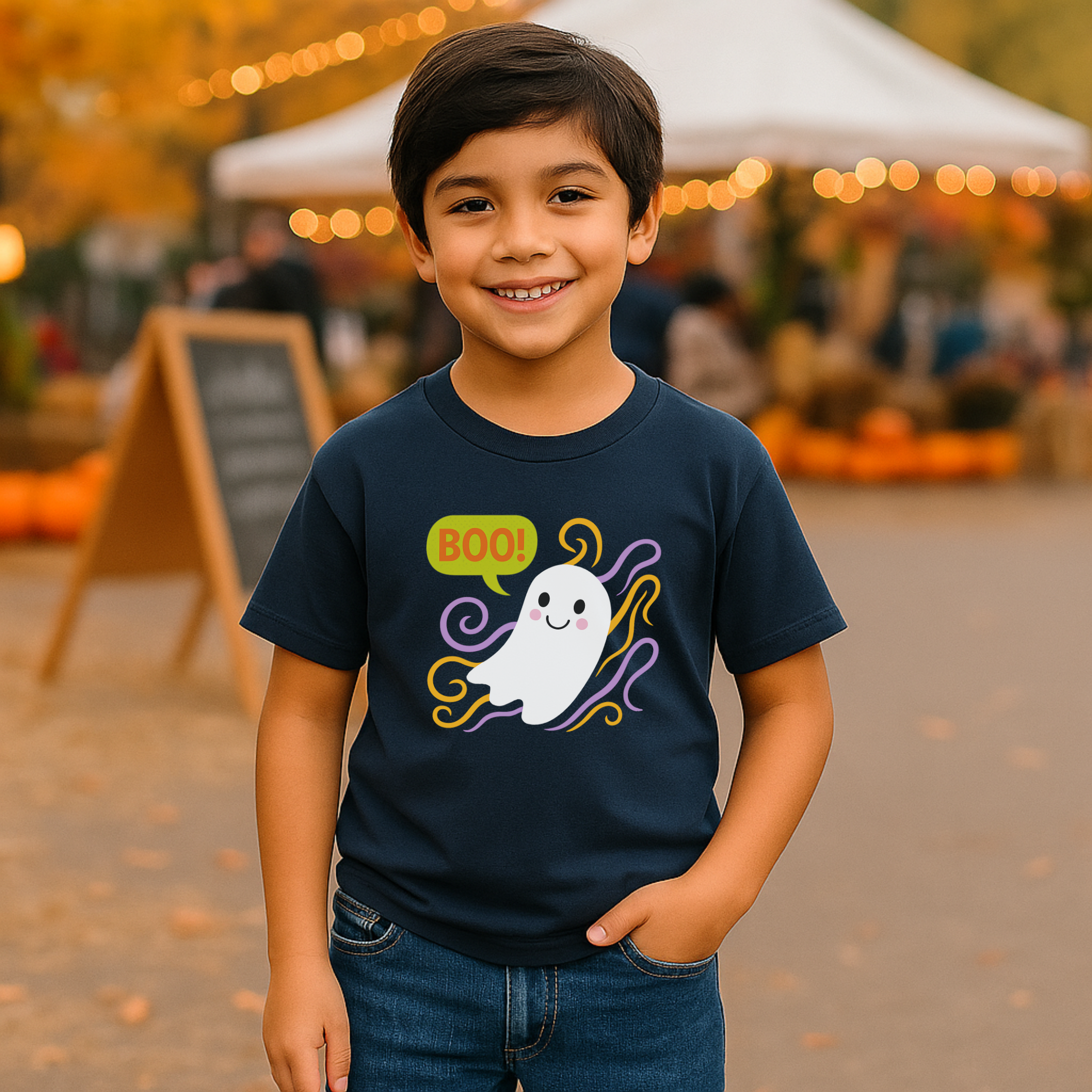 Kids Halloween Ghost Tee – Cute BOO! Cartoon Ghost Tee with Swirls – Youth Spooky Graphic T-Shirt