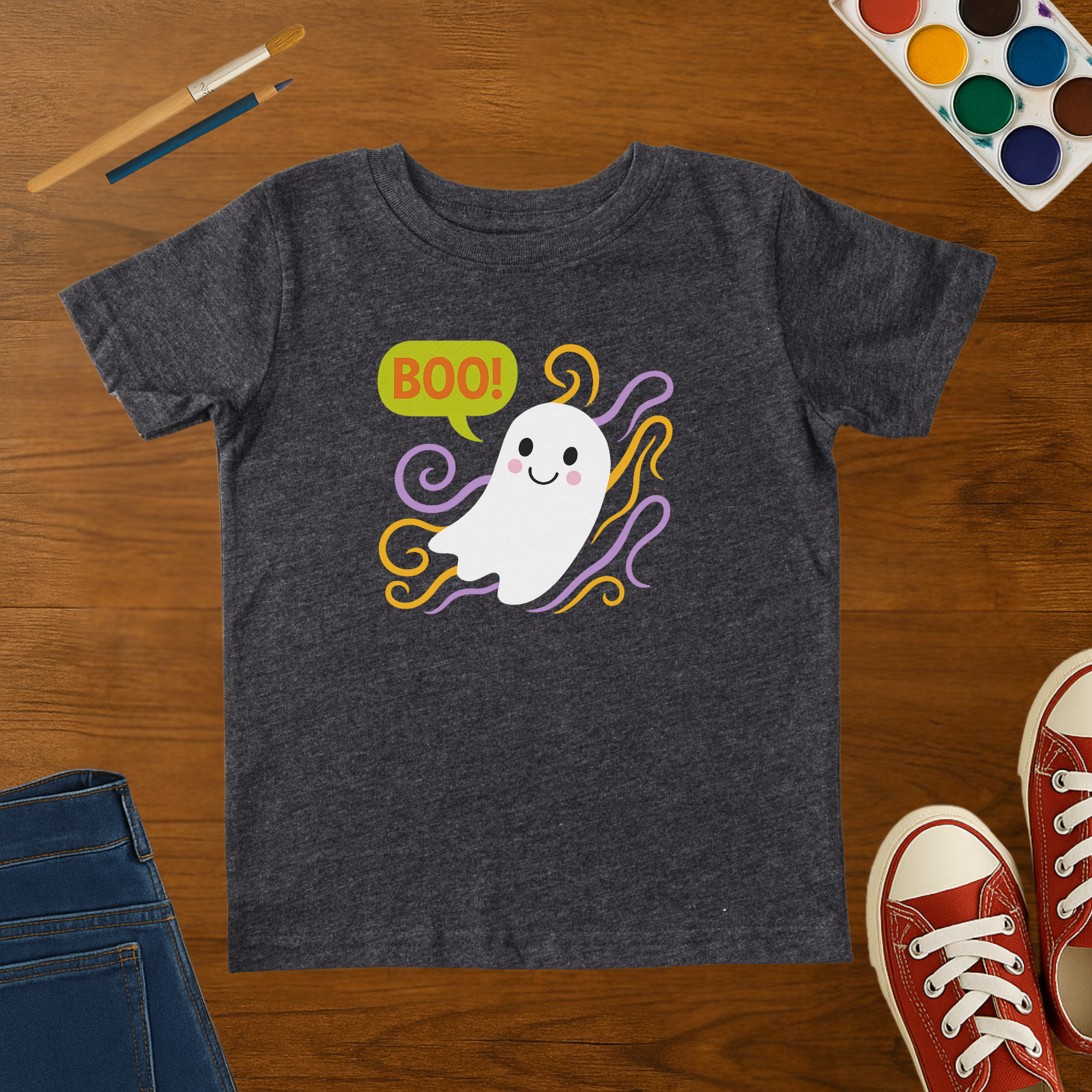 Toddler Halloween Ghost Tee – Cute BOO! Cartoon Ghost Tee with Swirls – Toddler Spooky Graphic T-Shirt