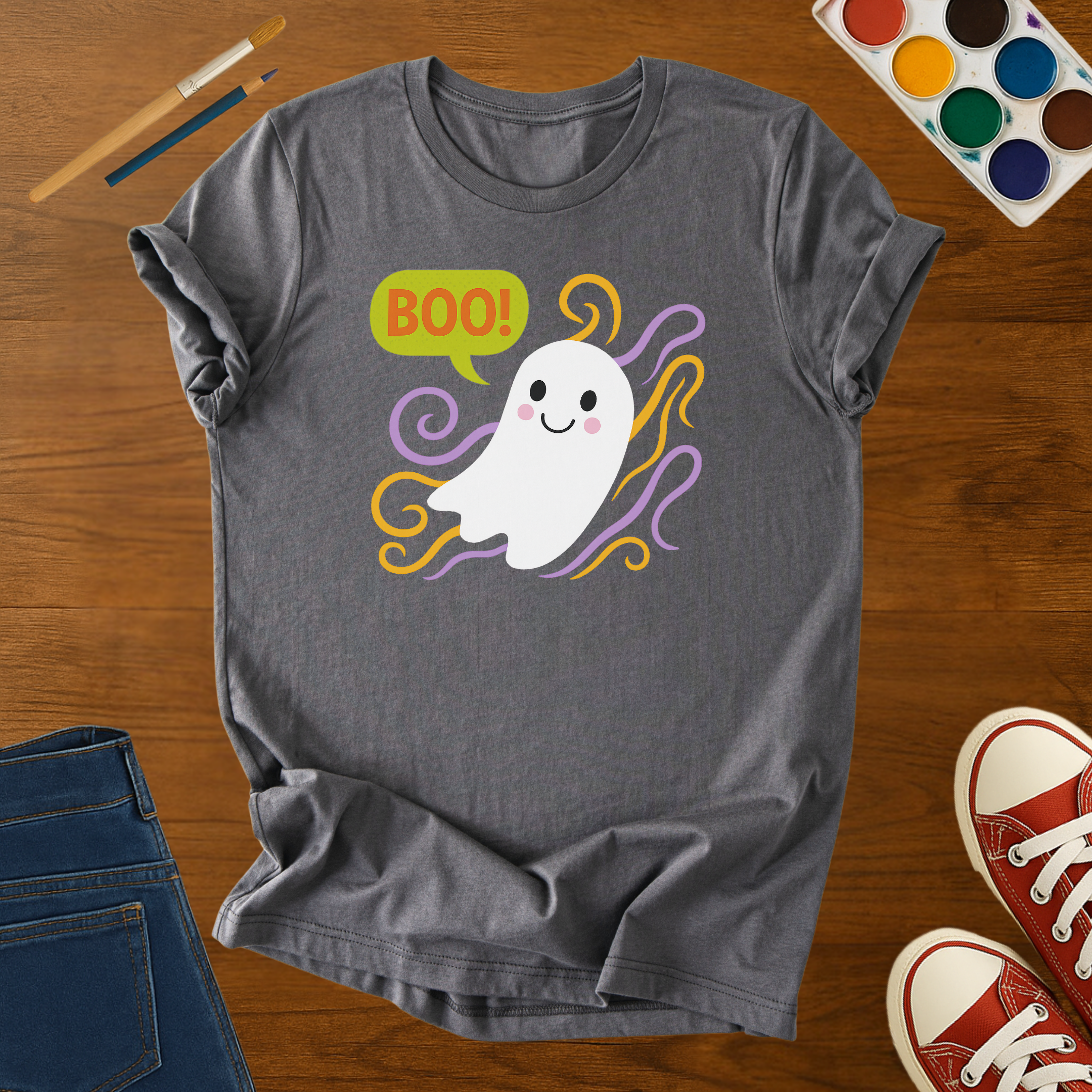 Halloween Ghost Tee – Cute BOO! Cartoon Ghost Tee with Swirls – Adult Spooky Graphic T-Shirt