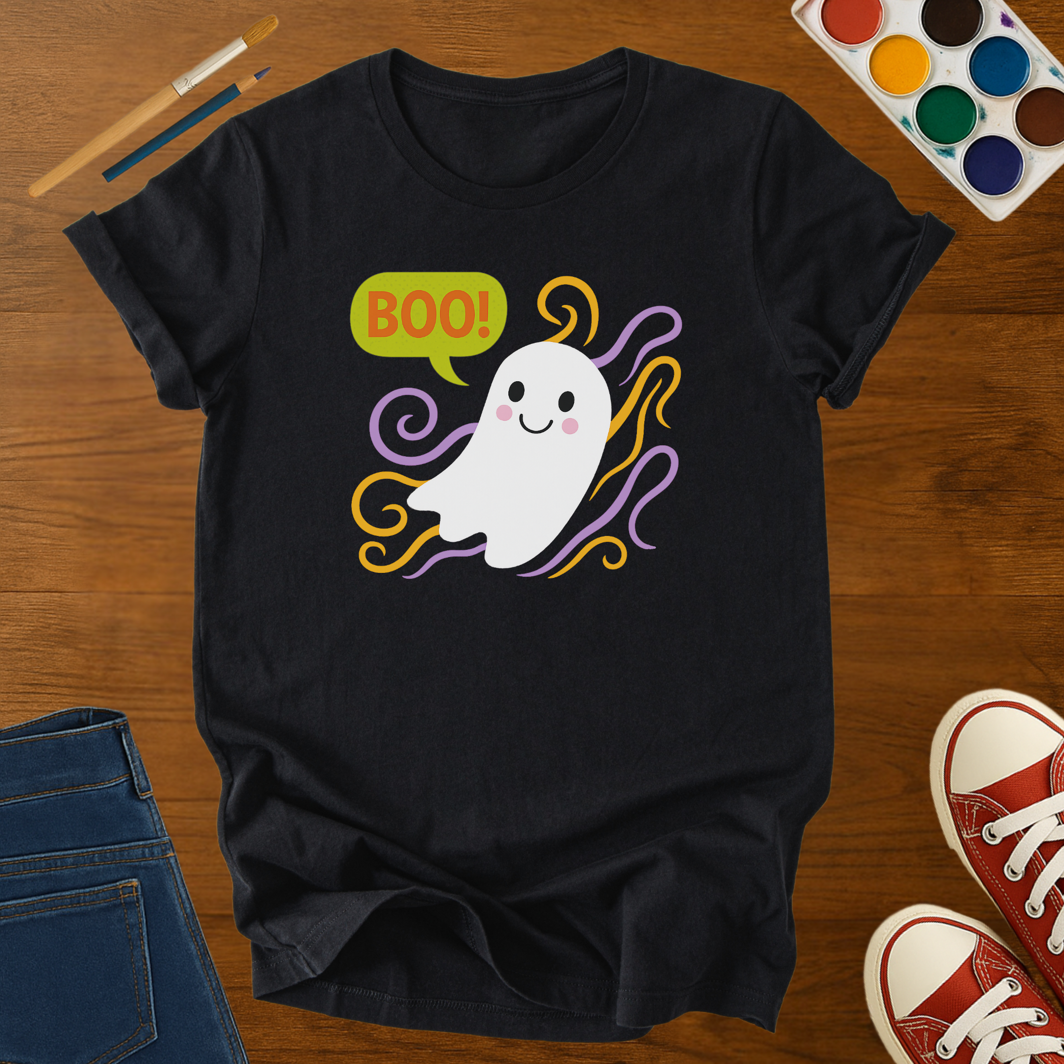 Halloween Ghost Tee – Cute BOO! Cartoon Ghost Tee with Swirls – Adult Spooky Graphic T-Shirt