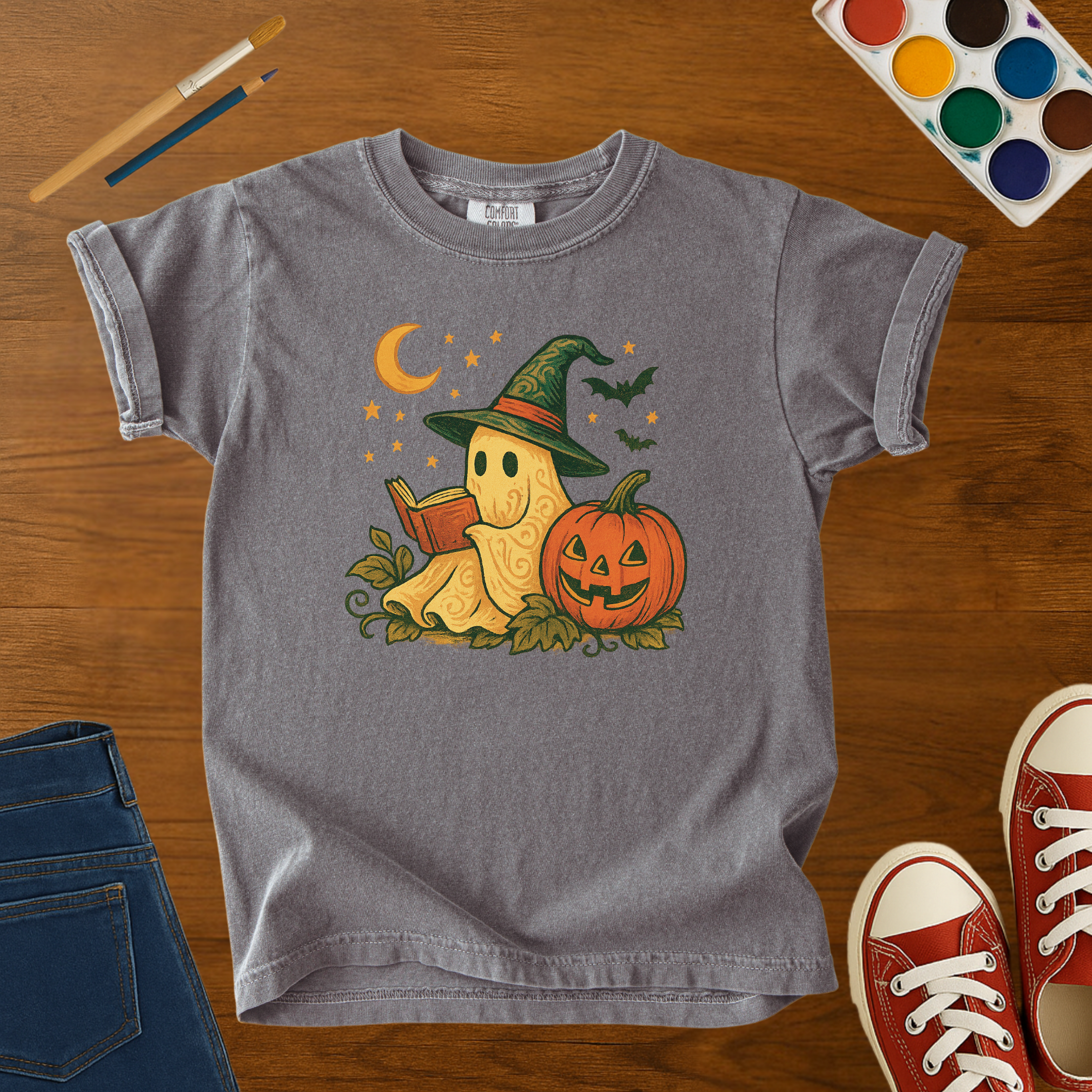 Halloween Ghost Reading Kids T-Shirt – Cute Pumpkin & Book Lover Youth Tee