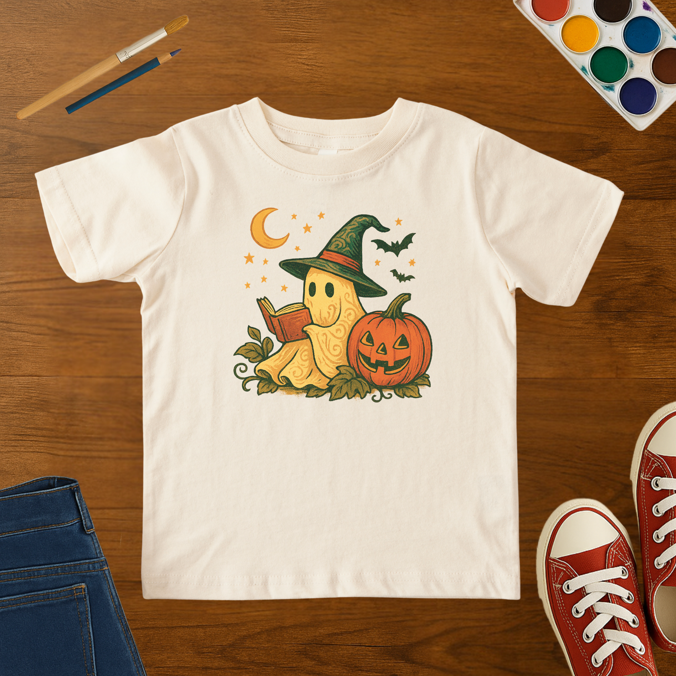 Halloween Ghost Reading Toddler T-Shirt – Cute Pumpkin & Book Lover Toddler Tee