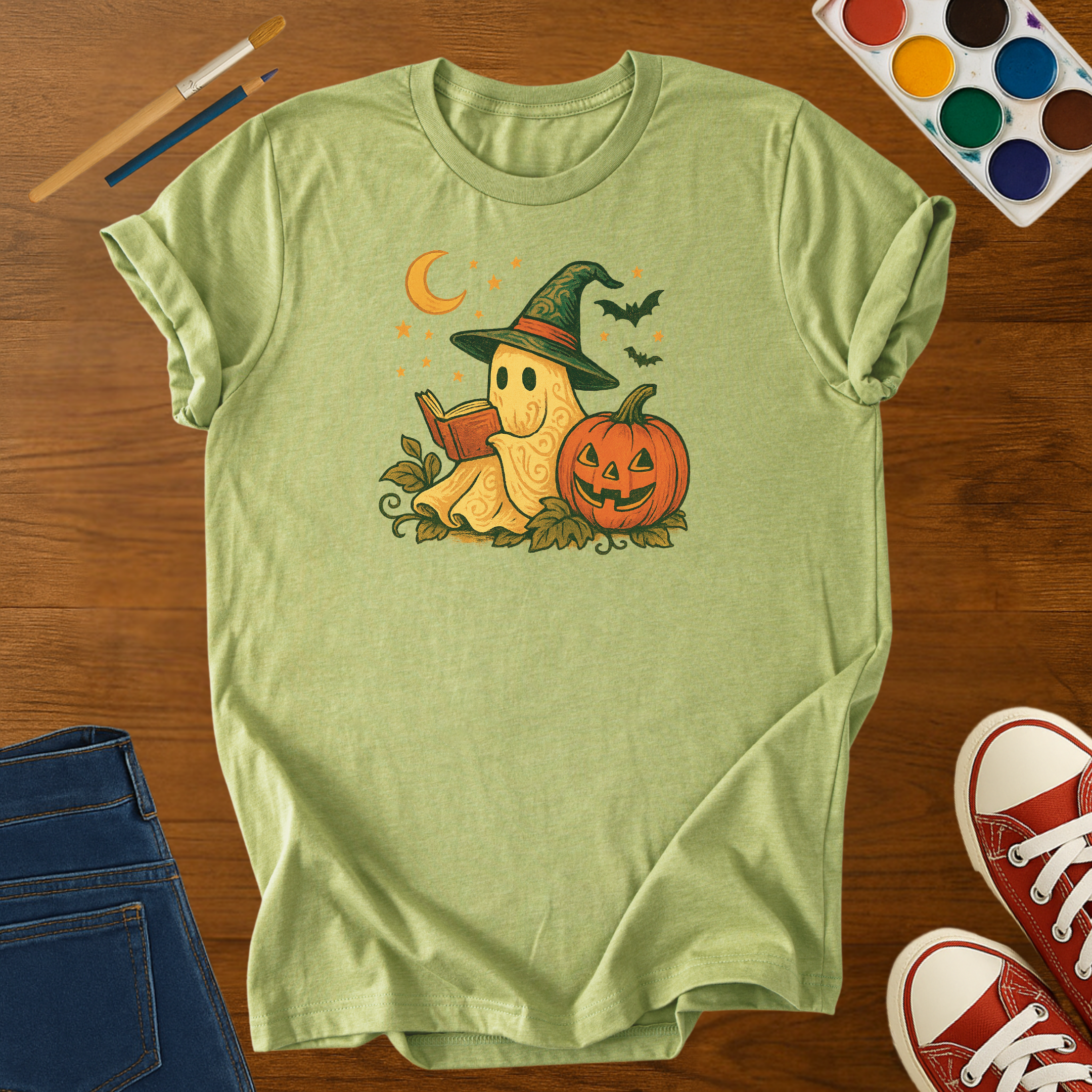 Halloween Ghost Reading T-Shirt – Cute Pumpkin & Book Lover  Adult Tee