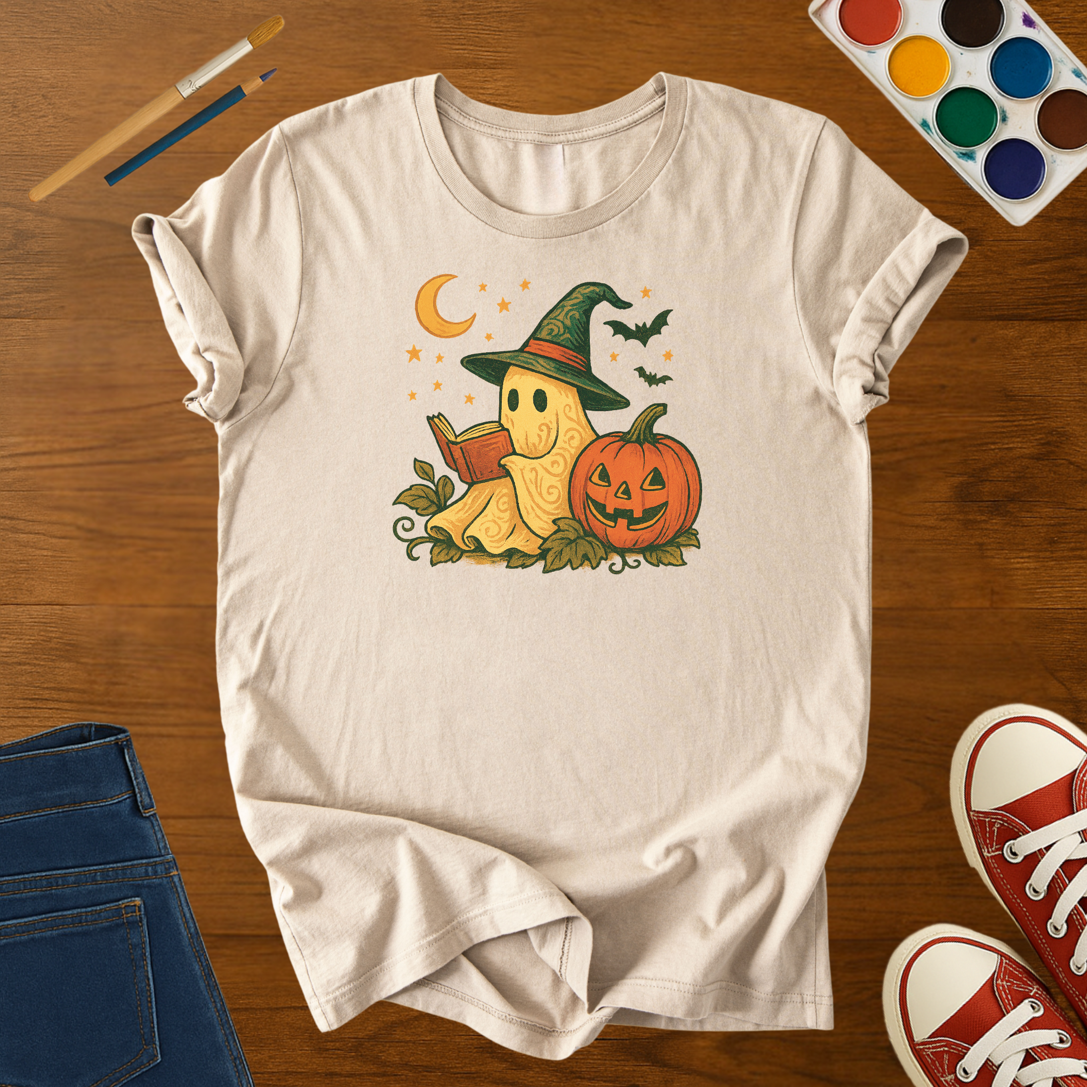 Halloween Ghost Reading T-Shirt – Cute Pumpkin & Book Lover  Adult Tee