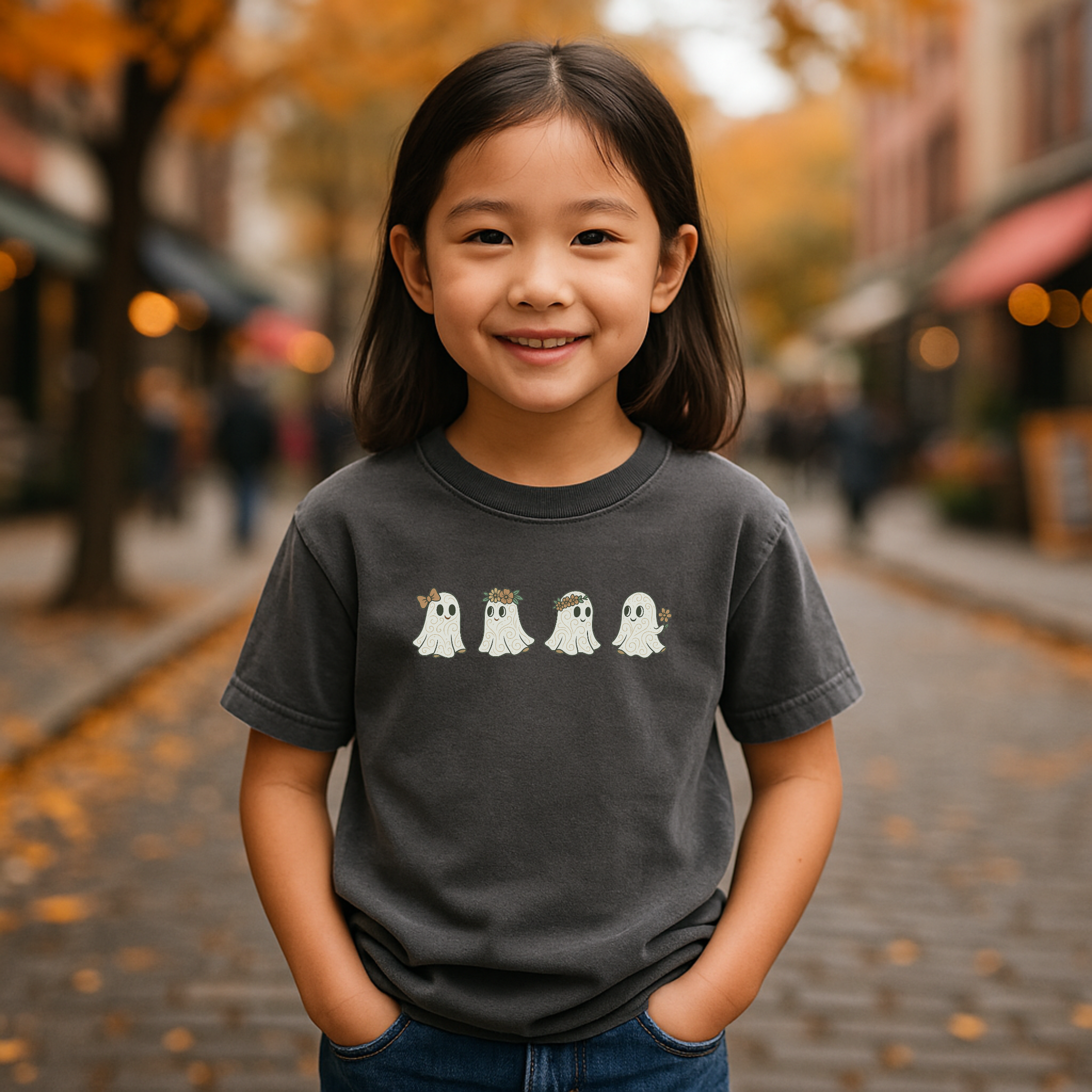 Cute Ghost Squad Youth Halloween Shirt – Floral & Bow Ghosts Tee for Kids, Fall Pumpkin Patch T-Shirt