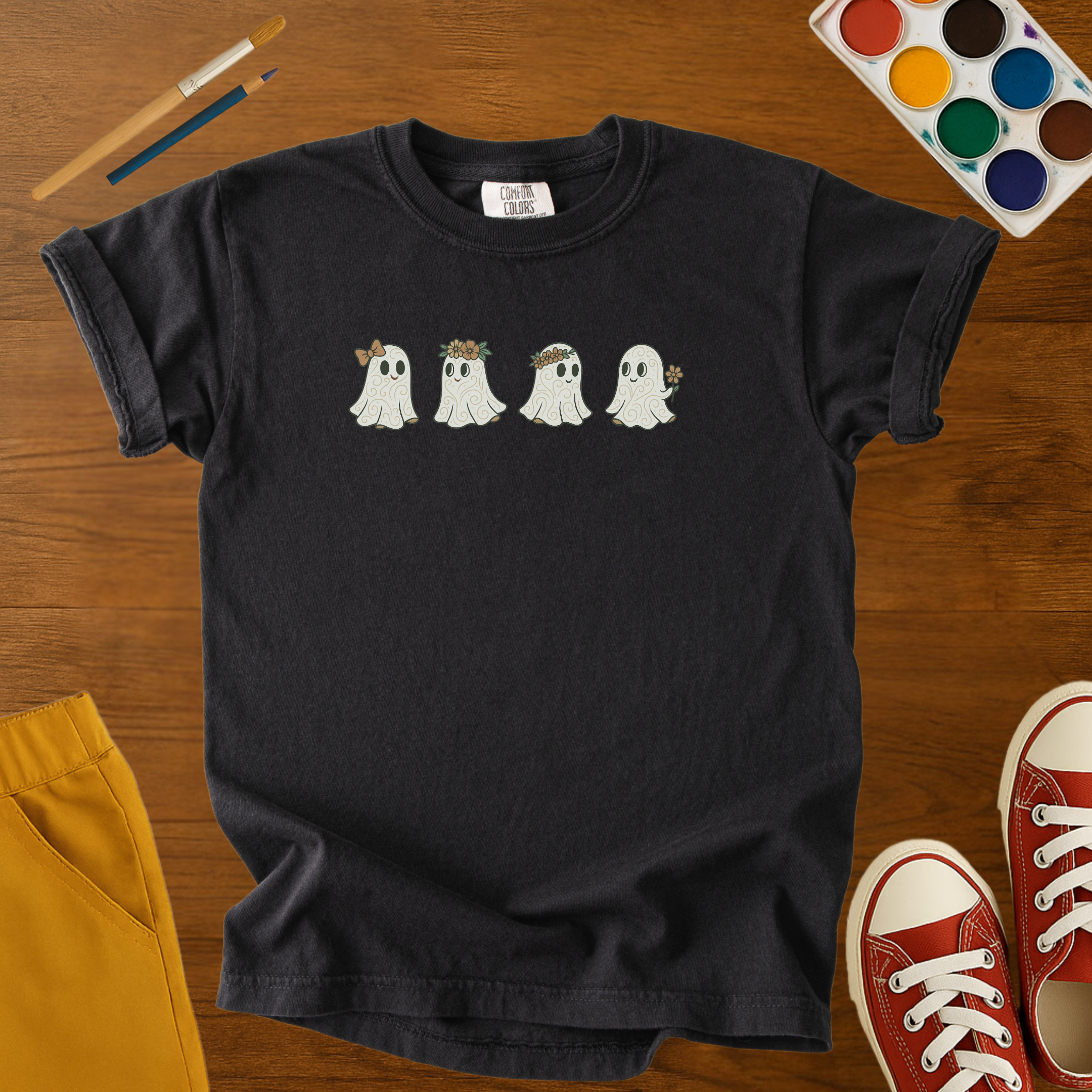 Cute Ghost Squad Youth Halloween Shirt – Floral & Bow Ghosts Tee for Kids, Fall Pumpkin Patch T-Shirt