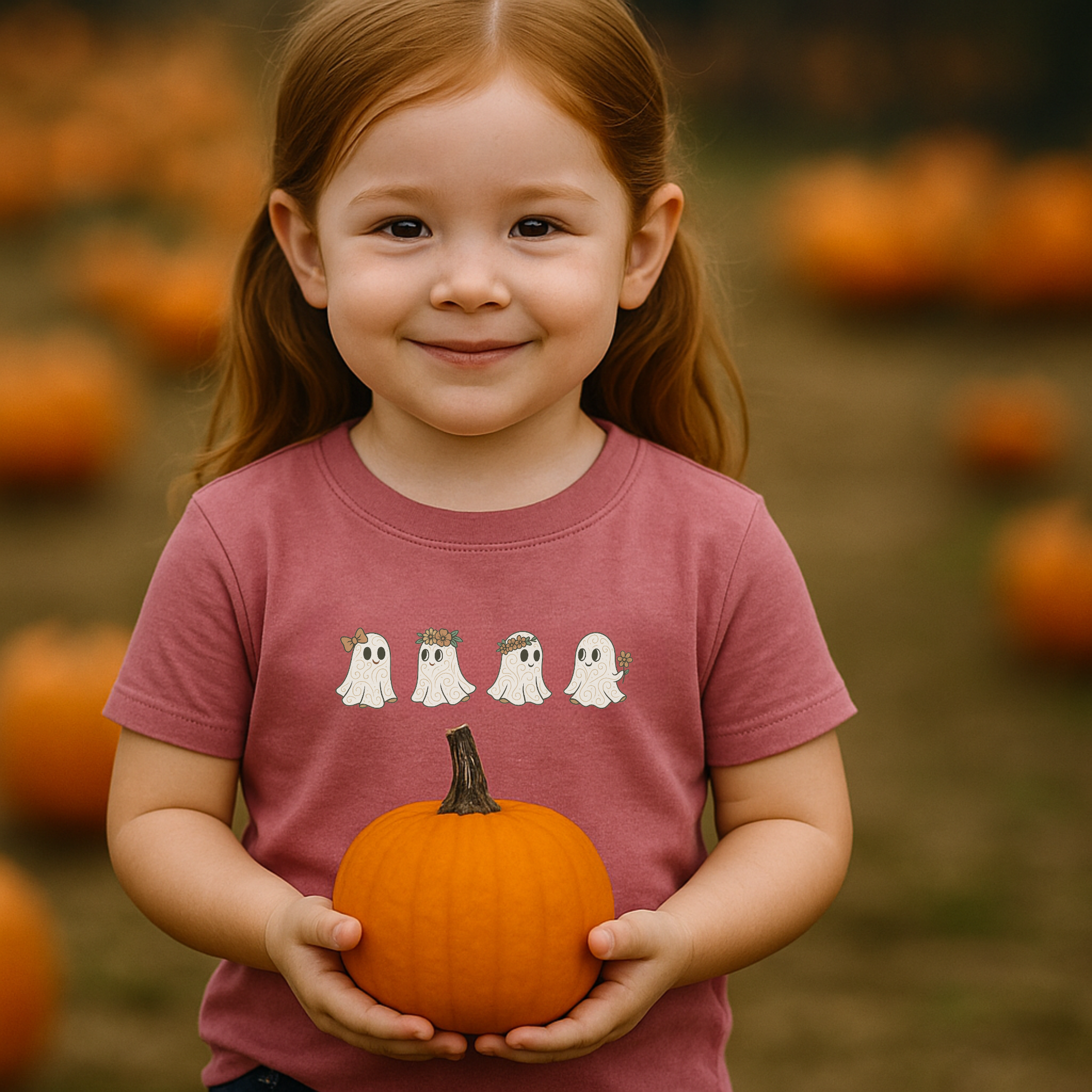 Cute Ghost Squad Halloween Toddler T-Shirt – Floral & Bow Ghosts Tee for Kids, Fall Pumpkin Patch T-Shirt