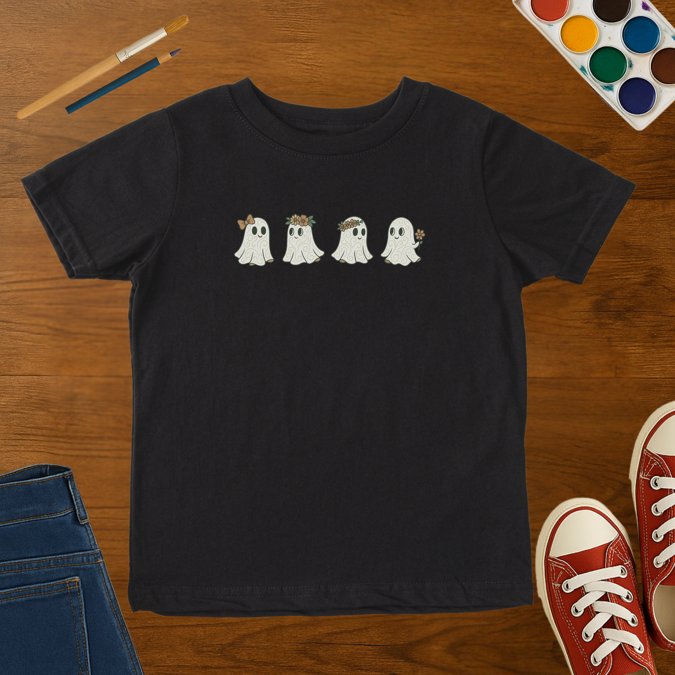 Cute Ghost Squad Halloween Toddler T-Shirt – Floral & Bow Ghosts Tee for Kids, Fall Pumpkin Patch T-Shirt