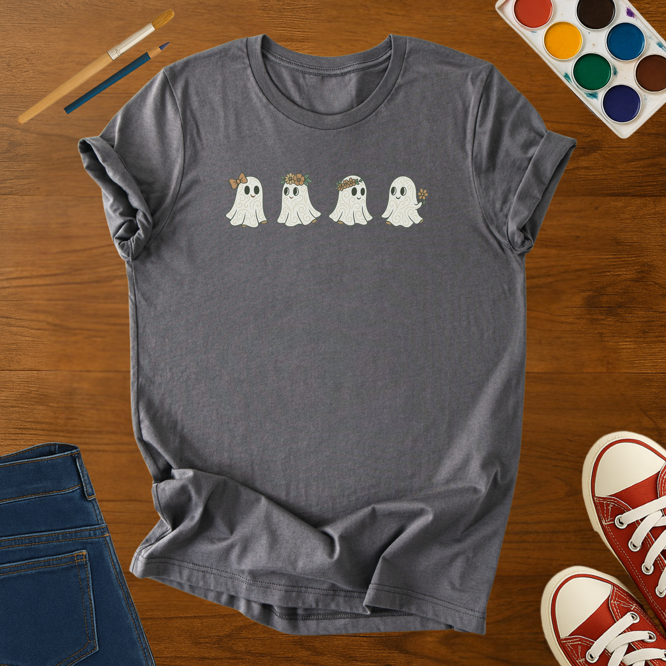 Cute Ghost Squad Halloween T-Shirt – Floral & Bow Ghosts Adult Tee