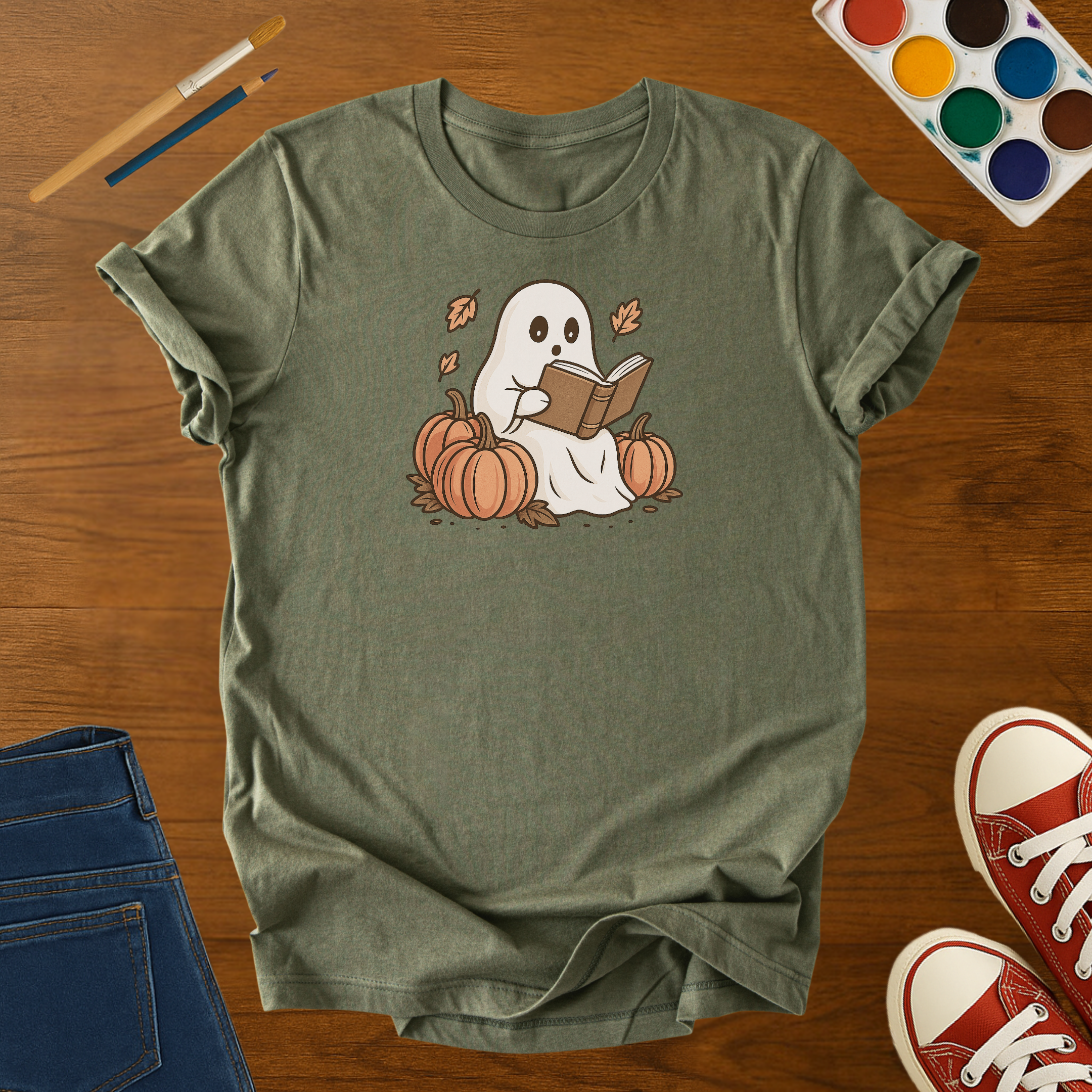 Retro Ghost Reading T-Shirt – Unique Book Lovers Adult Graphic Tee