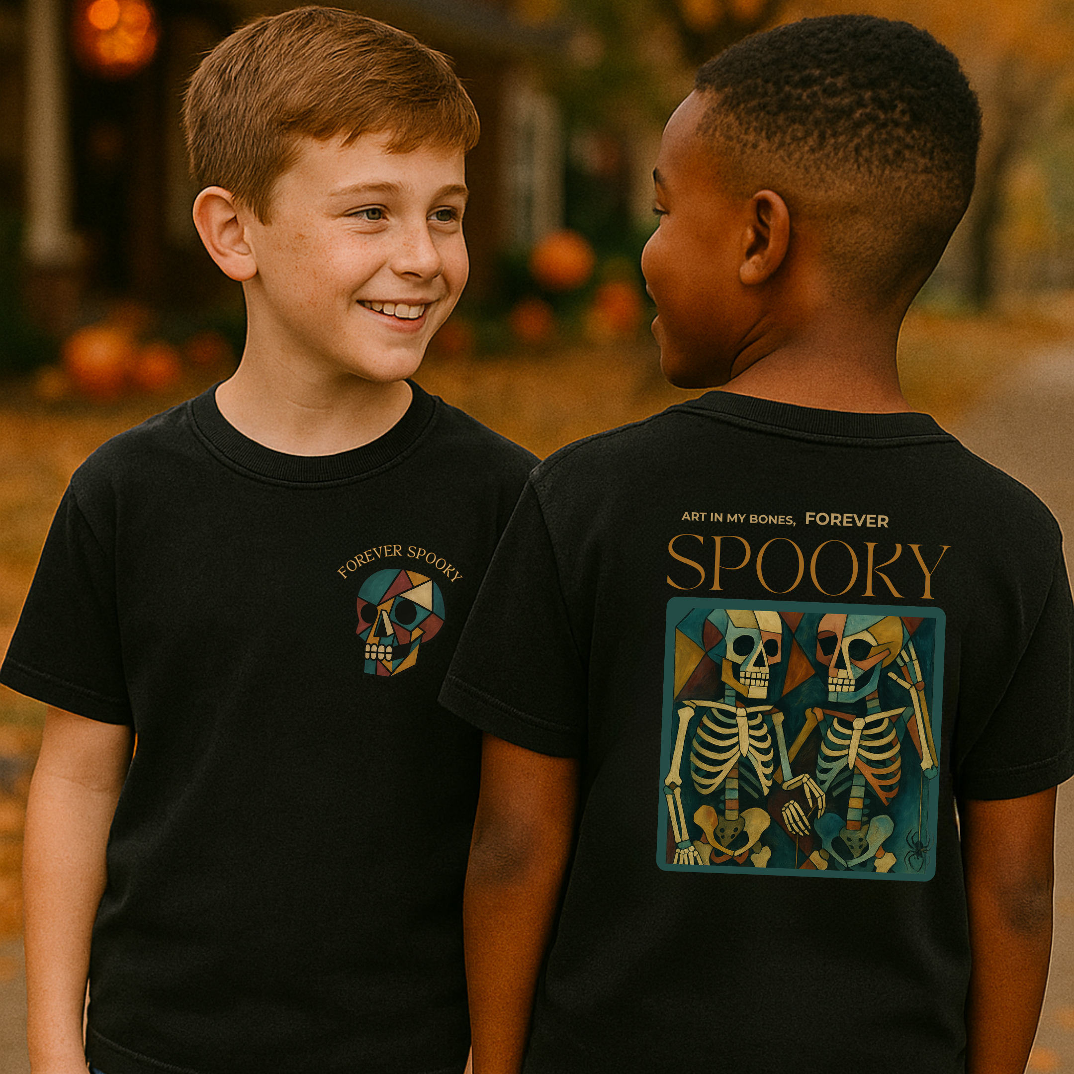 Forever Spooky Skeleton Halloween Youth T-Shirt – Cubist Art Graphic Tee for Kids