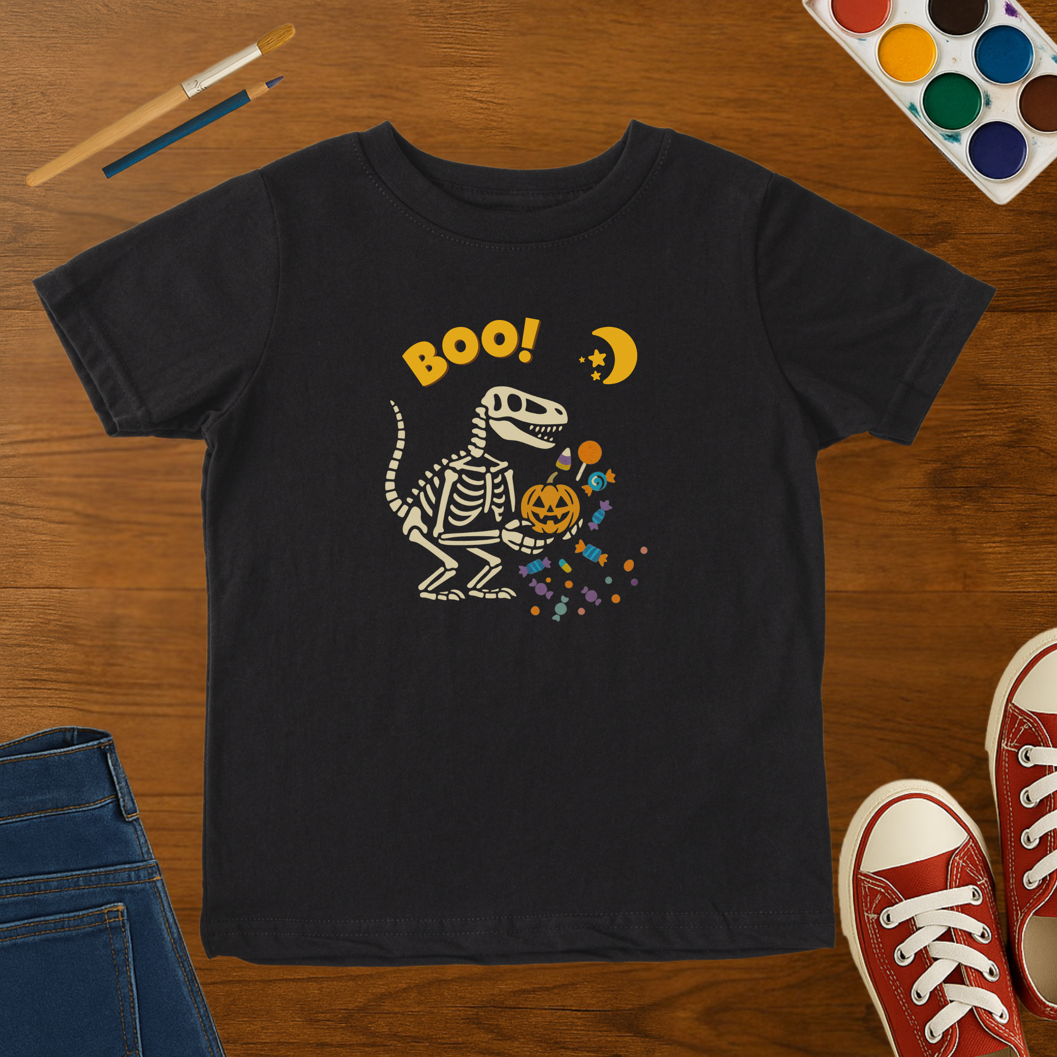 BOO Dinosaur Skeleton Halloween Toddler T-Shirt – Funny Dino Pumpkin & Candy Graphic Tee