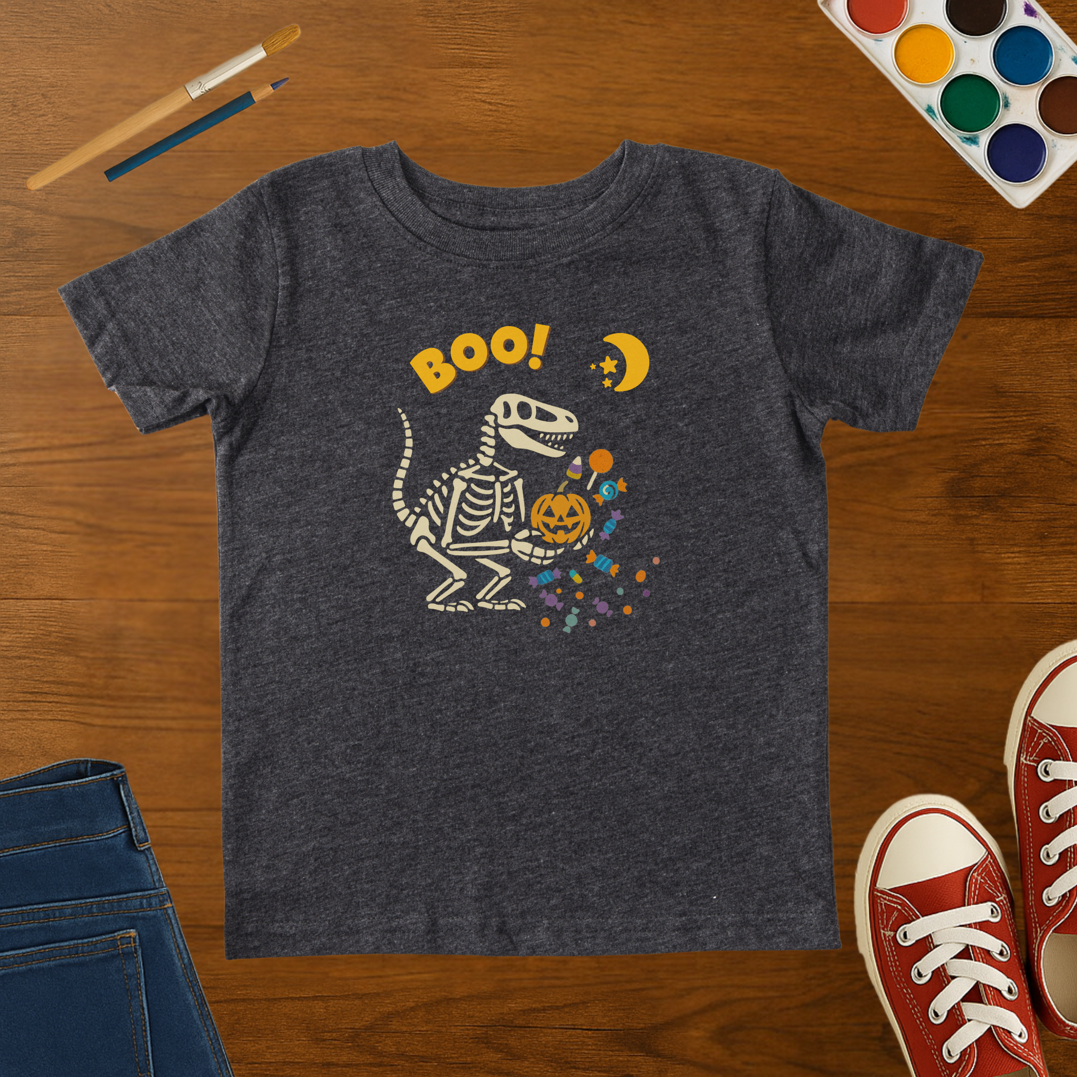BOO Dinosaur Skeleton Halloween Toddler T-Shirt – Funny Dino Pumpkin & Candy Graphic Tee