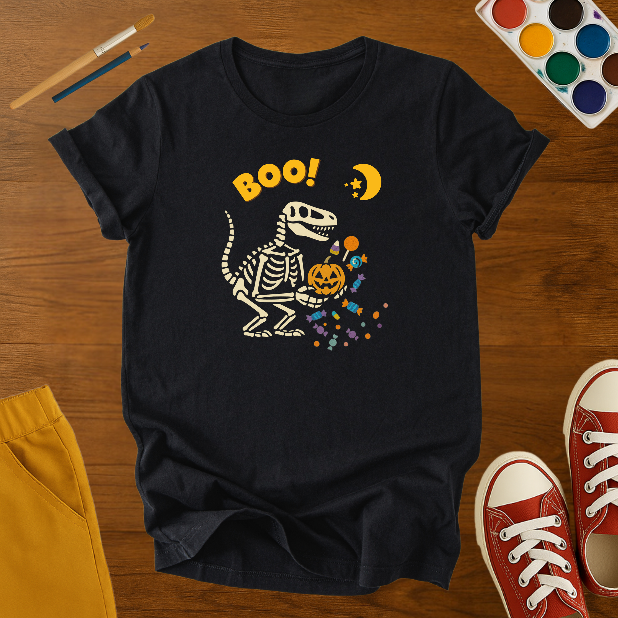 BOO Dinosaur Skeleton Halloween Kids T-Shirt –Funny Dino Pumpkin & Candy Youth Graphic Tee