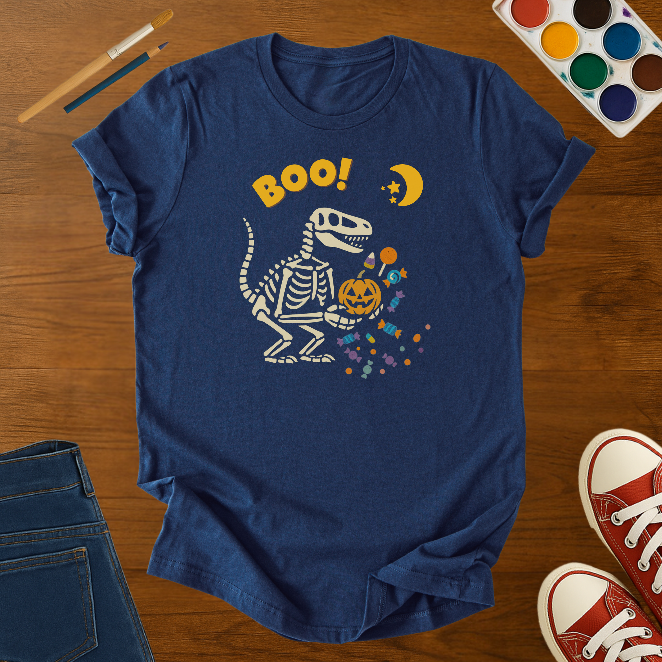 BOO Dinosaur Skeleton Halloween Adult T-Shirt – Funny Dino Pumpkin & Candy Graphic Tee