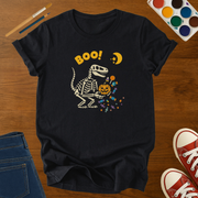 BOO Dinosaur Skeleton Halloween Adult T-Shirt – Funny Dino Pumpkin & Candy Graphic Tee