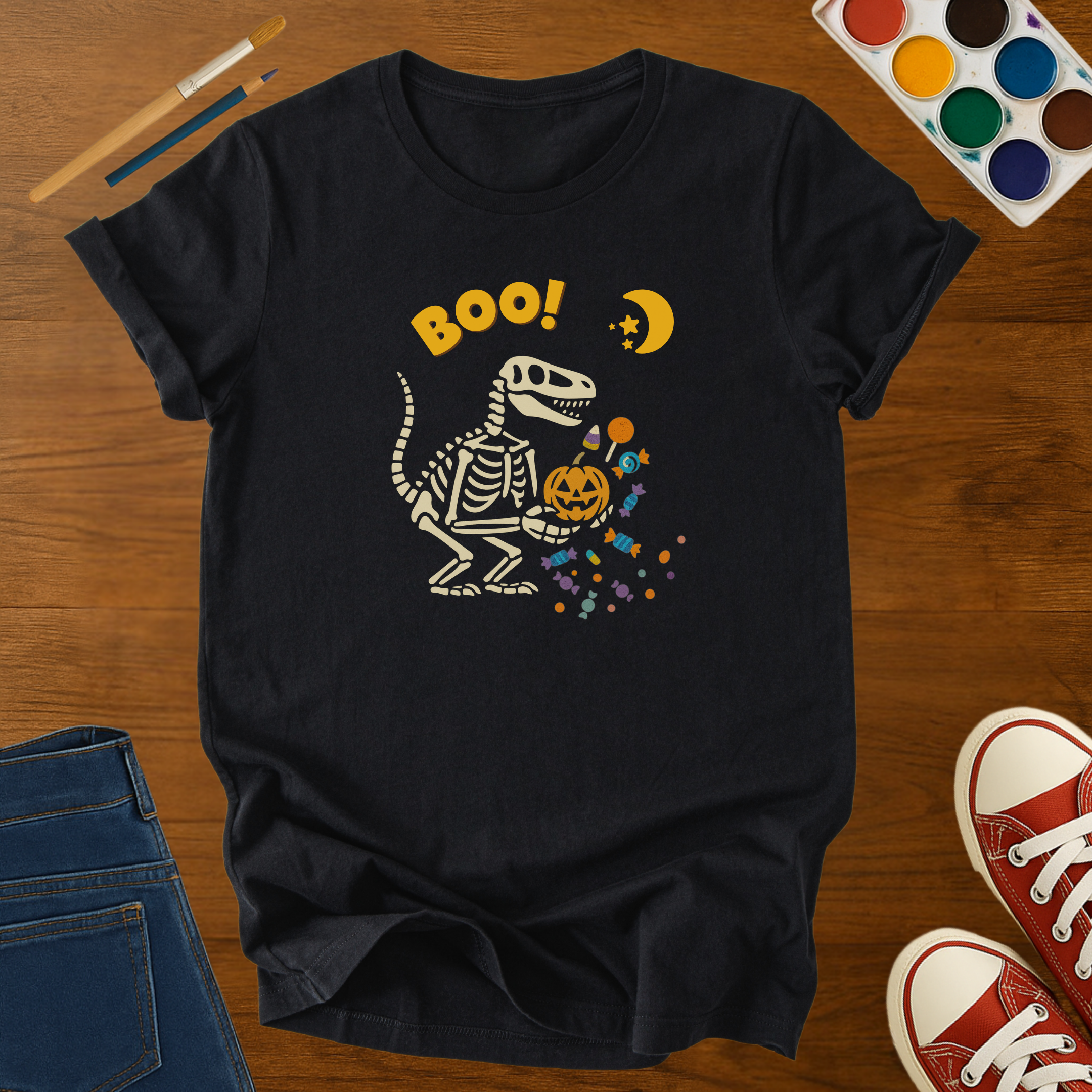 BOO Dinosaur Skeleton Halloween Adult T-Shirt – Funny Dino Pumpkin & Candy Graphic Tee